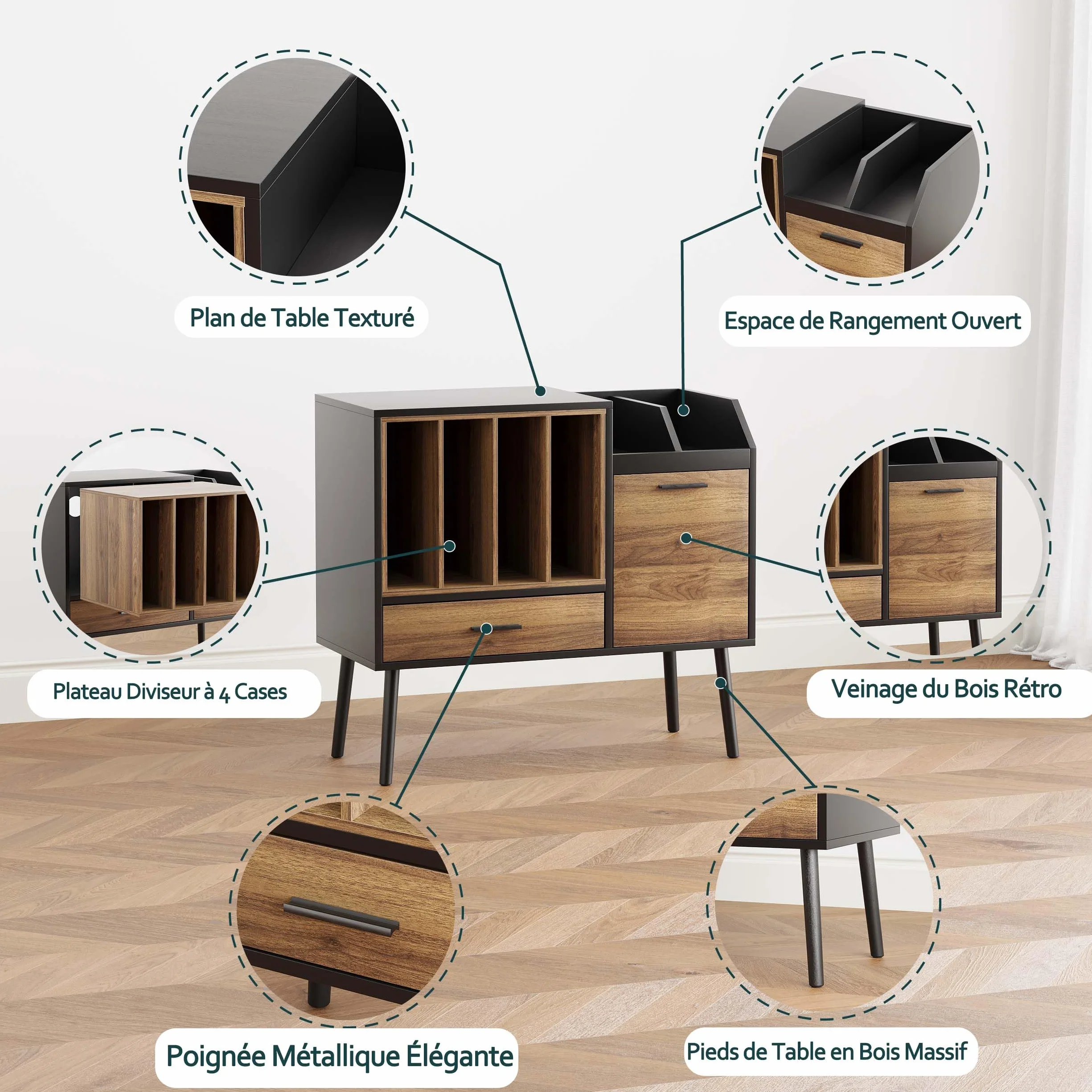 Semiocthome Support de Tourne-Disque avec Caisse en Vinyle, Table de Rangement avec tiroir et Pieds massifs, Plateau pour platines tournantes (Grande)