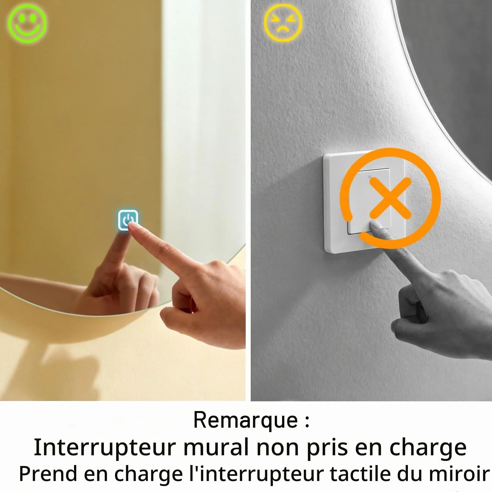 Miroir Mural de Salle de Bain, avec éclairage, 60 x 45 cm, avec lumière LED, Interrupteur Tactile et 3 Couleurs à intensité Variable (rectangulaire)