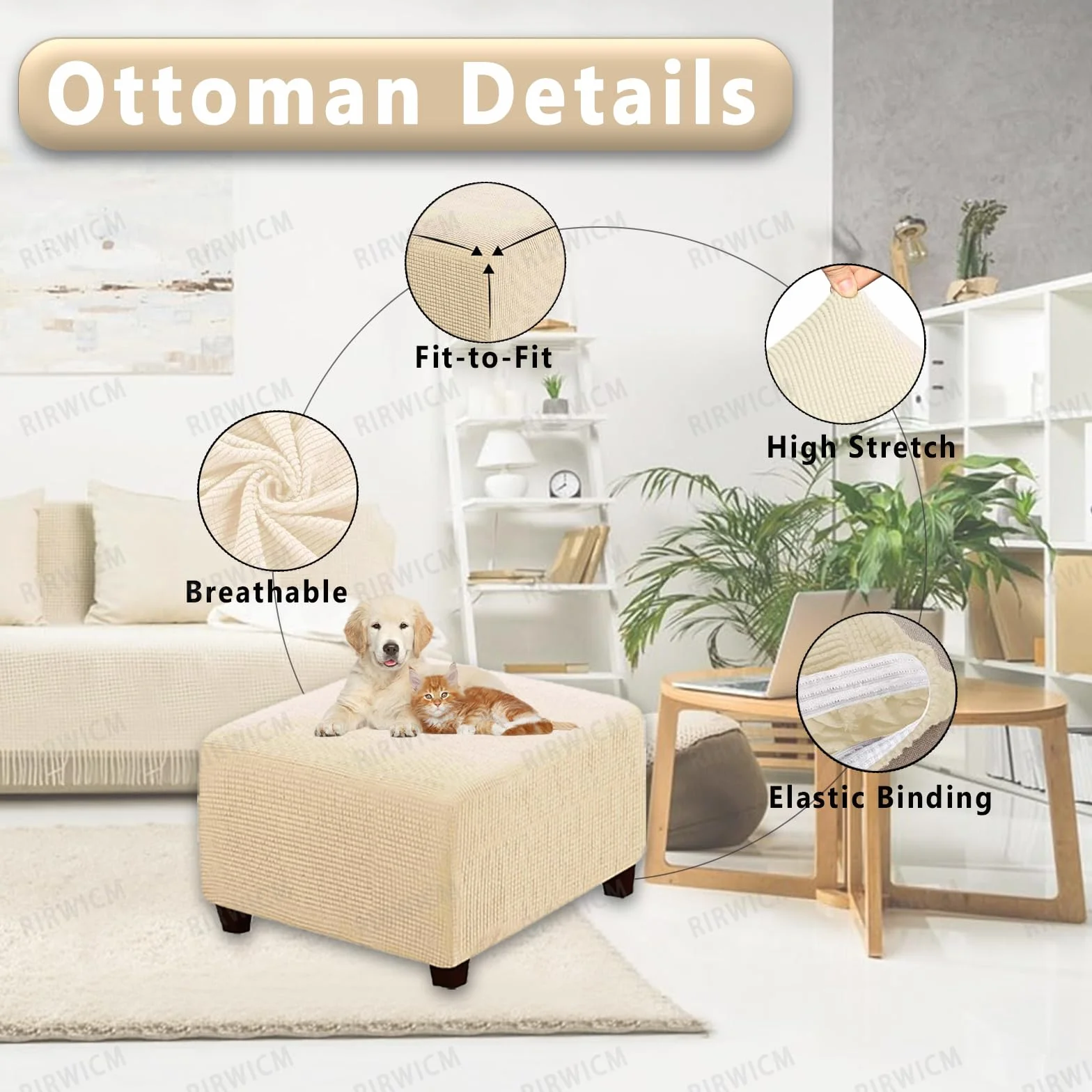 Housse de Pouf Carré en Tissu Jacquard Épais Extensible Amovible et Lavable avec Élastique - Beige Yellow