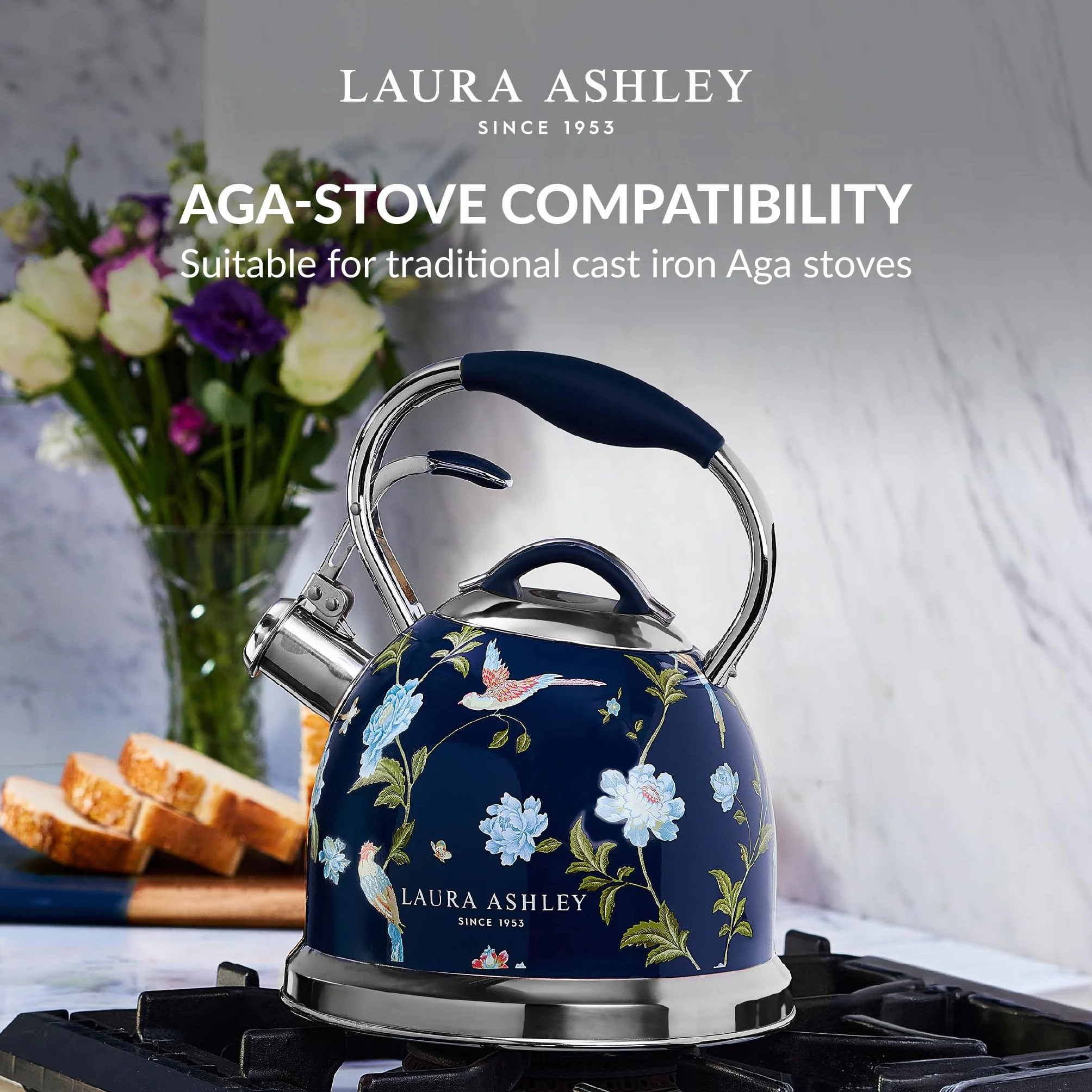 Laura Ashley Elveden Marine Bouilloire Induction de 2,5 Litres par VQ - Bouilloire Sifflante à Ébullition Rapide pour Gaz, Induction ou Autres Cuisinières avec Mécanisme à Bouton-Poussoir