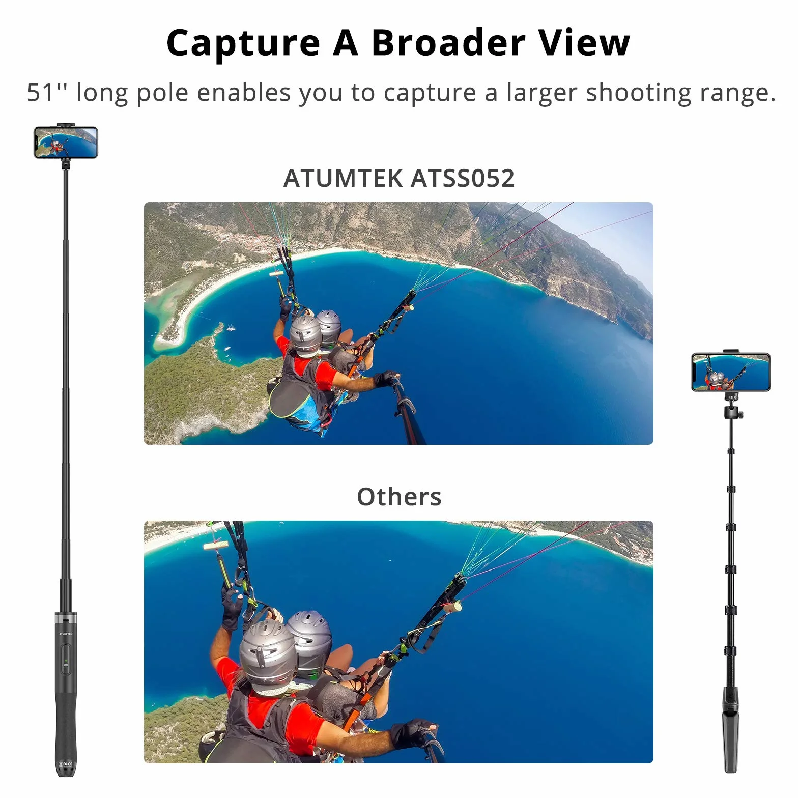 ATUMTEK Kijek do selfie 130 cm, Bluetooth, z wytrzymałym aluminium i antypoślizgowymi stópkami, trójnożny, do iPhone'a i telefonu z systemem Android, do selfie, nagrywania wideoblogów, strumieniowania na żywo.