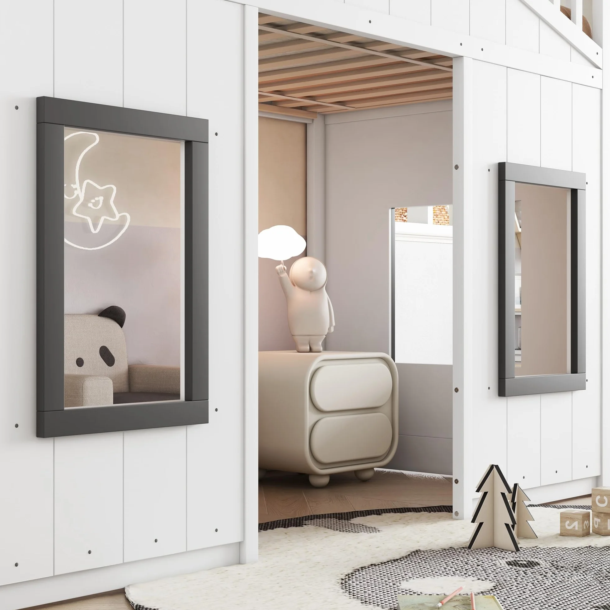 Lit cabane Enfants 90x200 avec Escalier, Lit Enfant avec Fenêtre et Rangement Sous le Lit Modulable, Lit Superposé Enfant Simple avec Barrière Anti-Chute et Rambarde, Structure en pin et MDF, Blanc