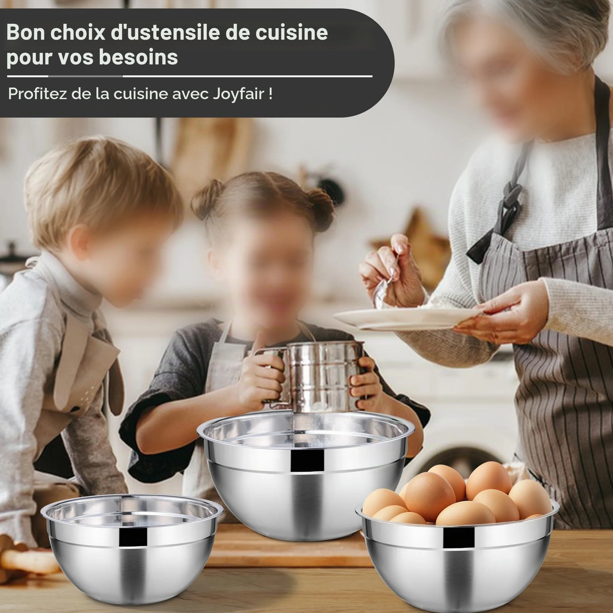 Joyfair Lot de 5 bols mélangeurs en acier inoxydable avec couvercle hermétique transparent, 4,5 l, 2,7 l, 1,5 l, 1,2 l, 0,7 l, saladiers empilables pour servir, cuisiner, cuire au four, passe au