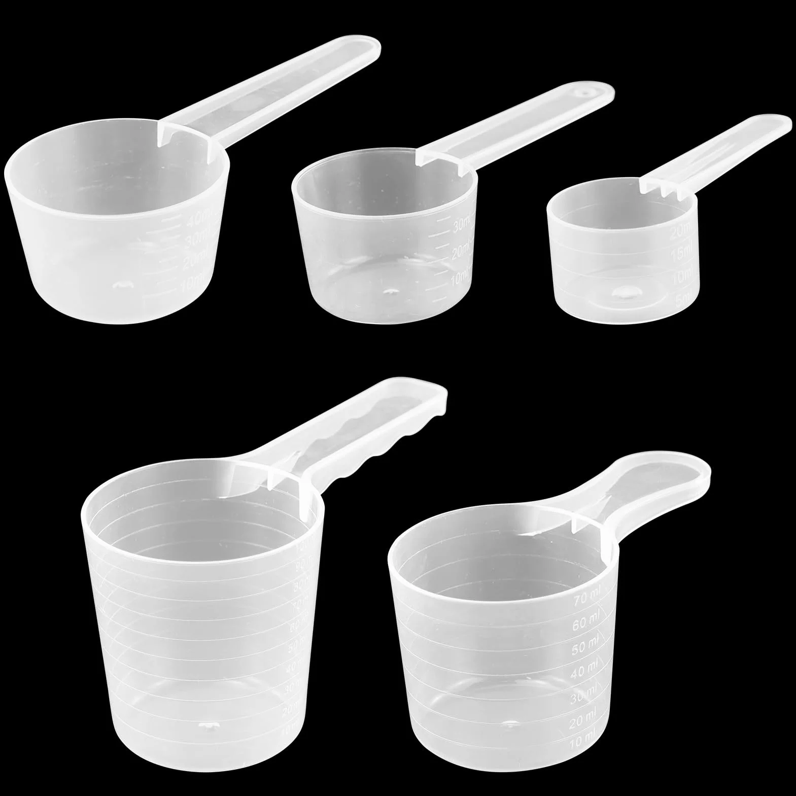 Jeu de 5 cuillères de mesure transparentes avec échelle 20/40/50/70/100 ML