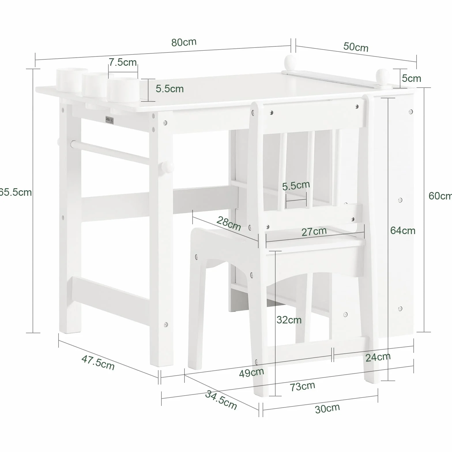 SoBuy Table Enfant avec Chaise Ensemble 2 Pièces Table et Chaise pour Enfant Bureau avec 2 Étagères Porte-Papier et Rangements Stylos Blanc 80x54x65,5 KMB60-W