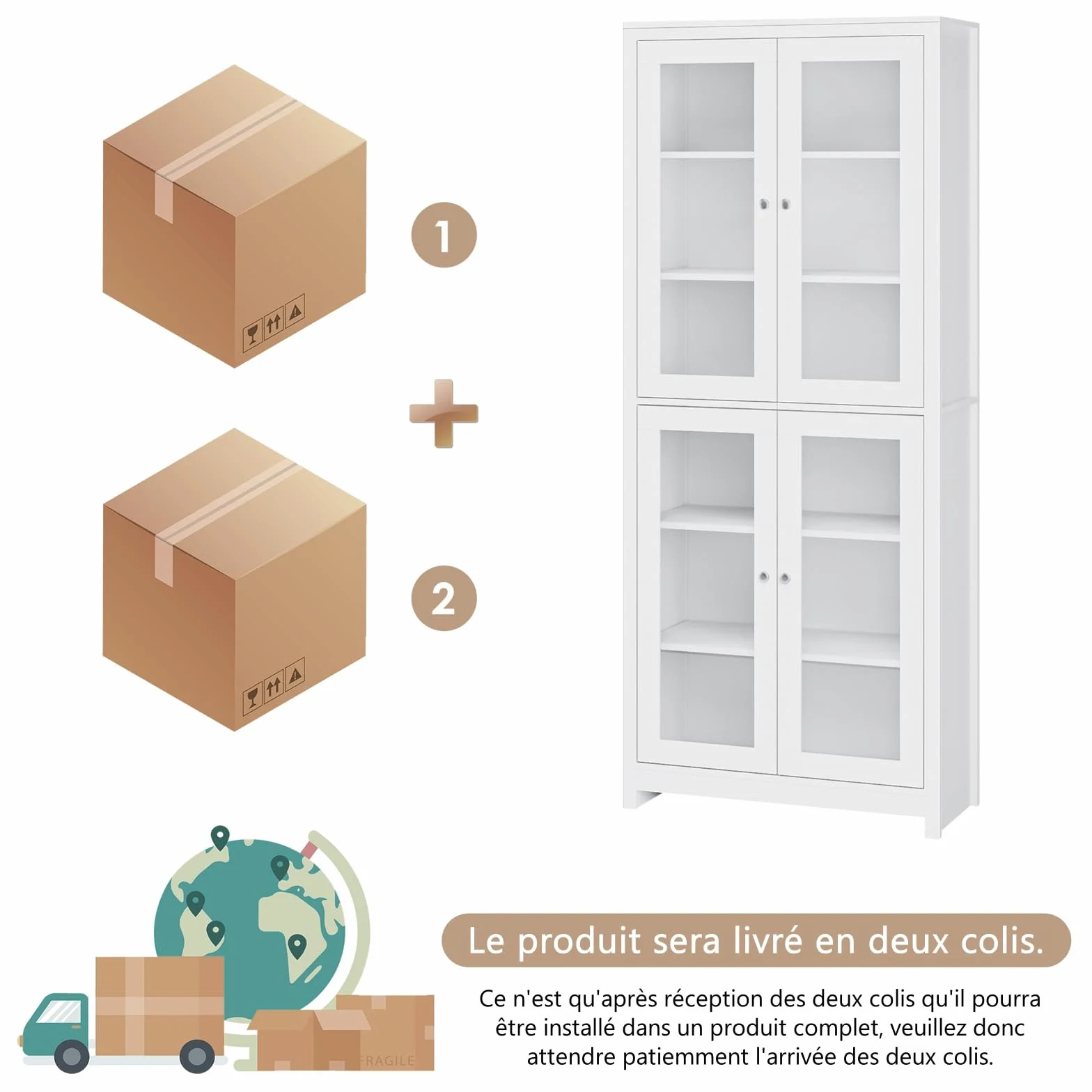 FOREHILL Vitrine en Verre 190cm Armoire Cuisine Haute avec 4 Portes Vitrées Meuble Vitrine Salon Bibliothèque avec 6 étagères de Rangement en Bois Blanc