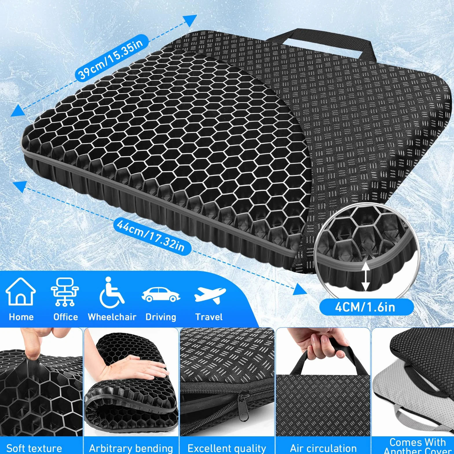 Coussins de Chaise Vmingo Coussin de Gel Respirant Anti Escarres Orthopédique avec Housse Antidérapant Noir