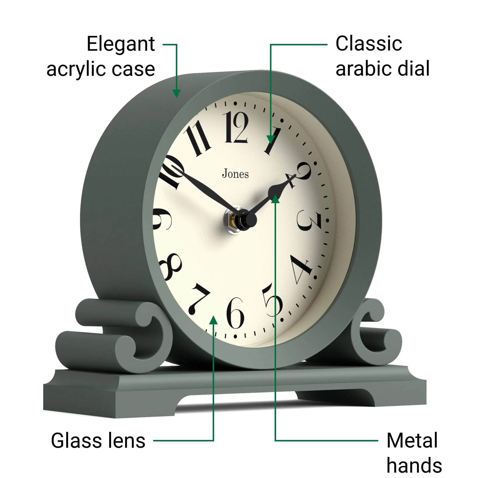 JONES CLOCKS Saloon Horloge de cheminée Petit Design Traditionnel à Double Volute Vert Style Classique Contemporain