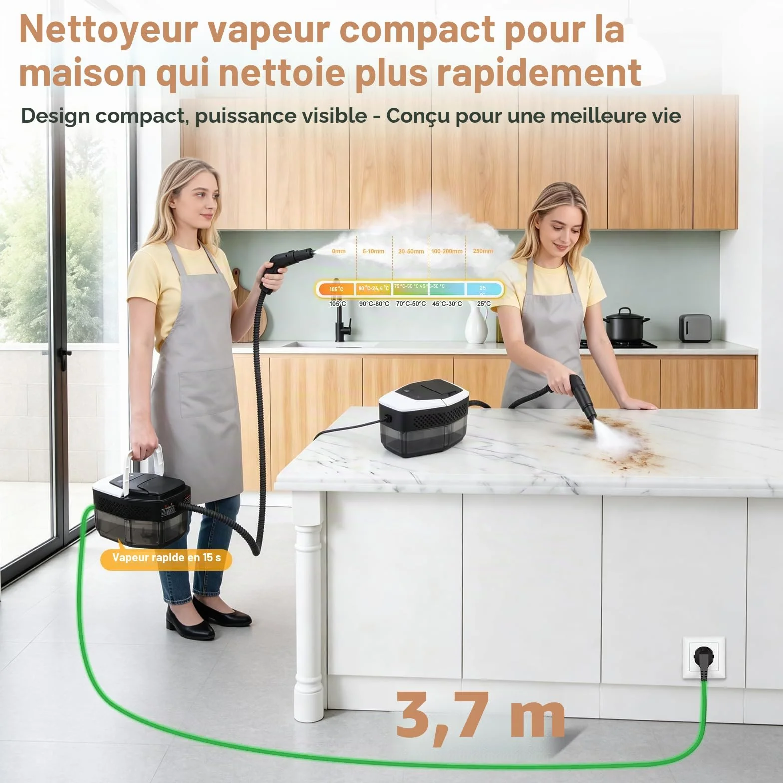 Nettoyeur Vapeur, Nettoyeur à Vapeur Portable 1500W Basse Pression, Chauffage Rapide 15s, Réservoir d’eau 1,8L, 12 Accessoires Inclus,Cuisine & Voiture, Blanc（Appuyez longuement sur 3s pour démarrer）