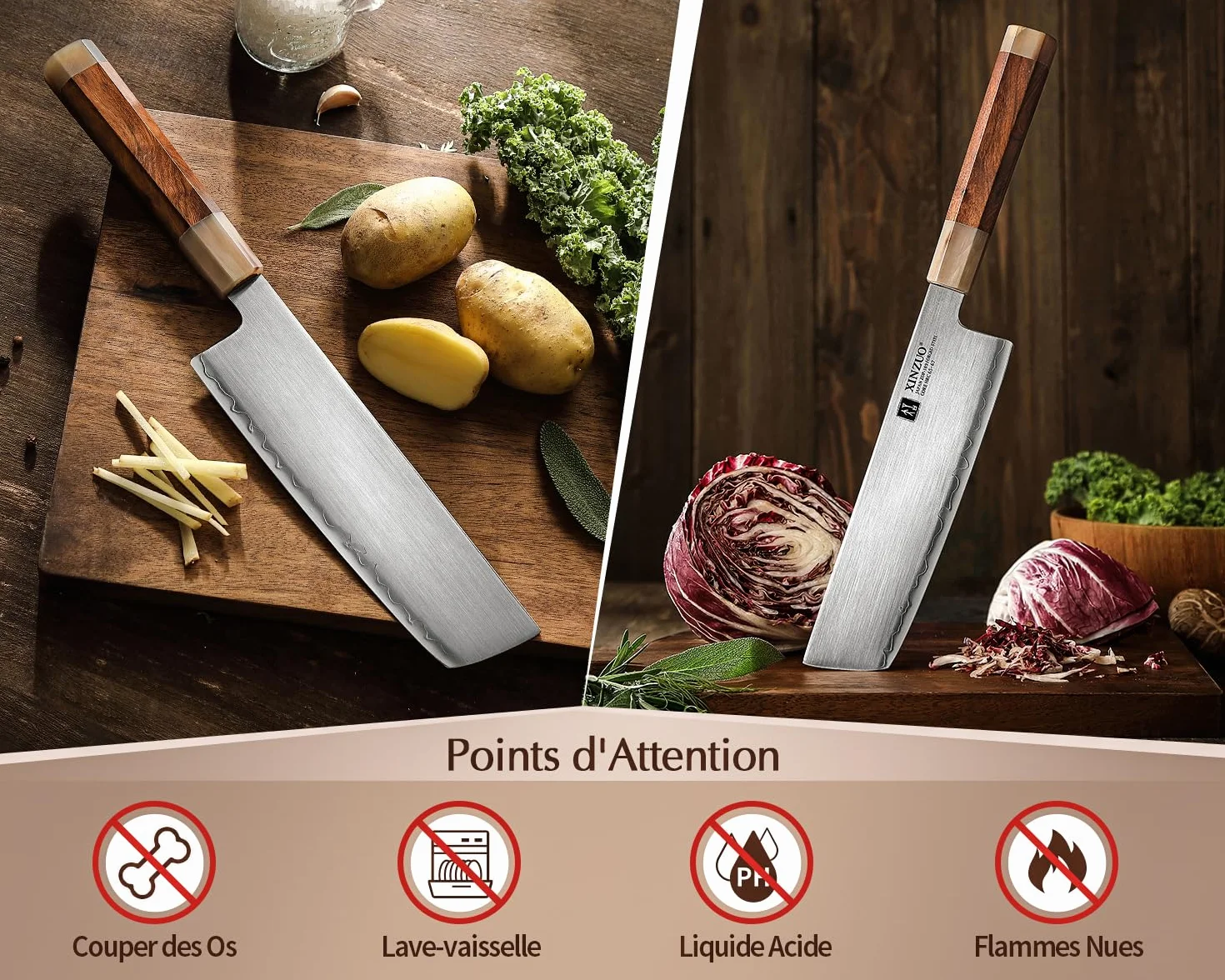 XINZUO Acier Japonais Couteau Nakiri 18.3cm Couteau de Cuisine, Forgé à la Main Couteau à Légumes Japonais ZDP-189 Acier, Lames Bien Tranchantes Couteau de Chef -Poignée en Bois de Fer du Désert