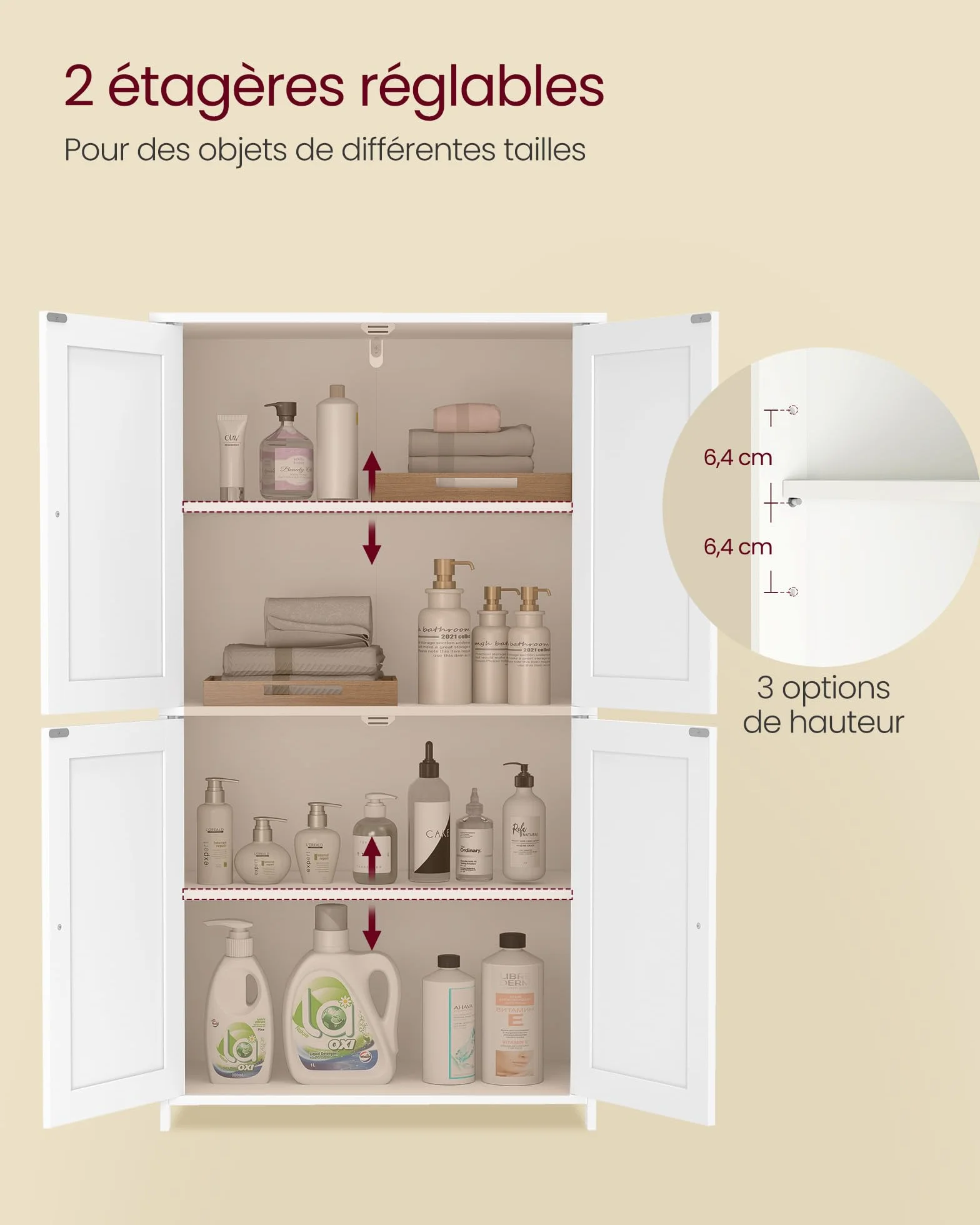 VASAGLE Meuble de Salle de Bain, Armoire de Rangement, Style Shaker, avec 2 Étagères Réglables, 4 Portes, Meuble Haut, pour Cuisine, Blanc Nuage BBC553WH01