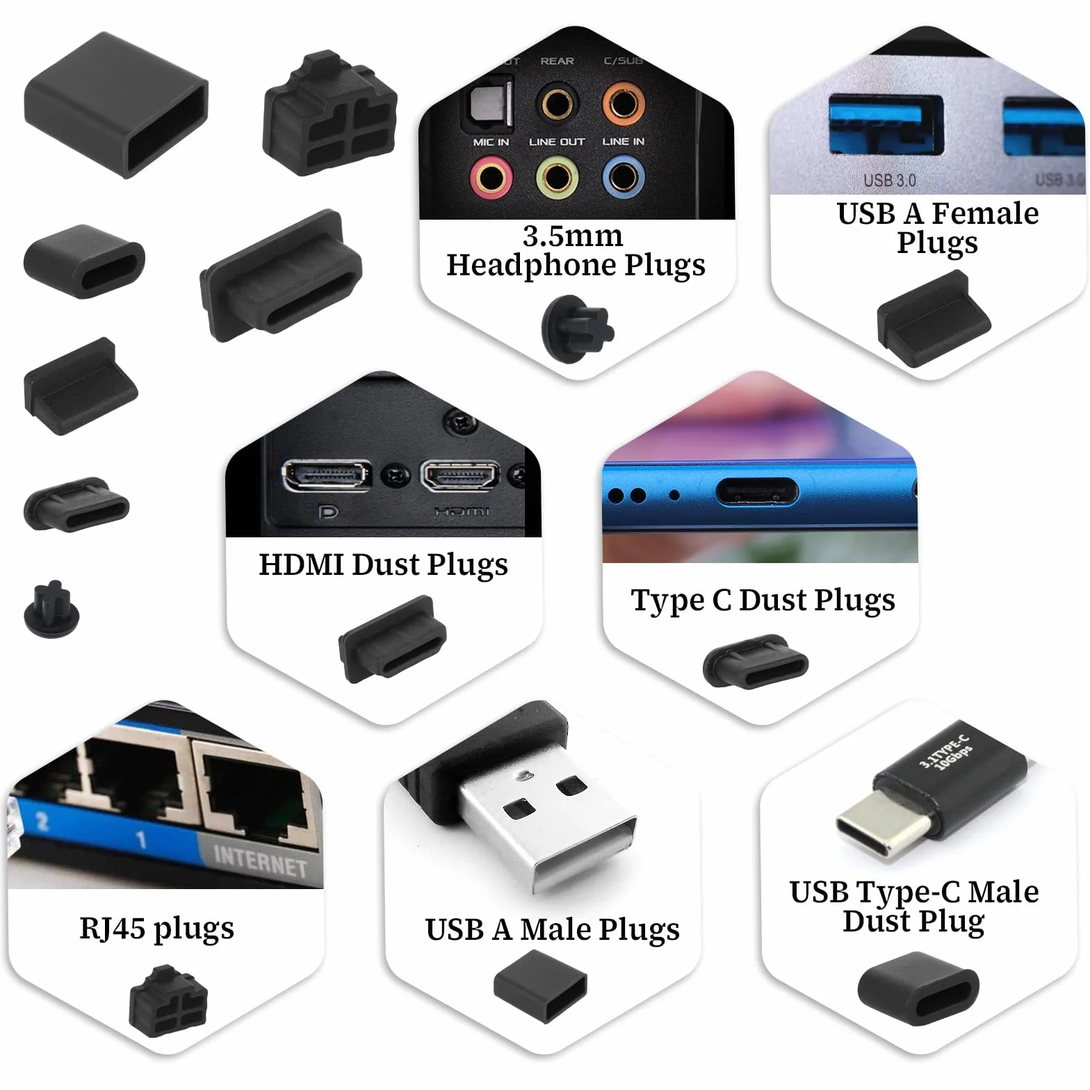 50 sztuk, 7 rodzajów nasadek ochronnych USB, silikonowe, ochrona przed kurzem USB C, osłona na port USB-A, ochrona przed kurzem, dla kobiet i mężczyzn, USB C, słuchawki 3,5 mm, HDMI, RJ45 Ethernet