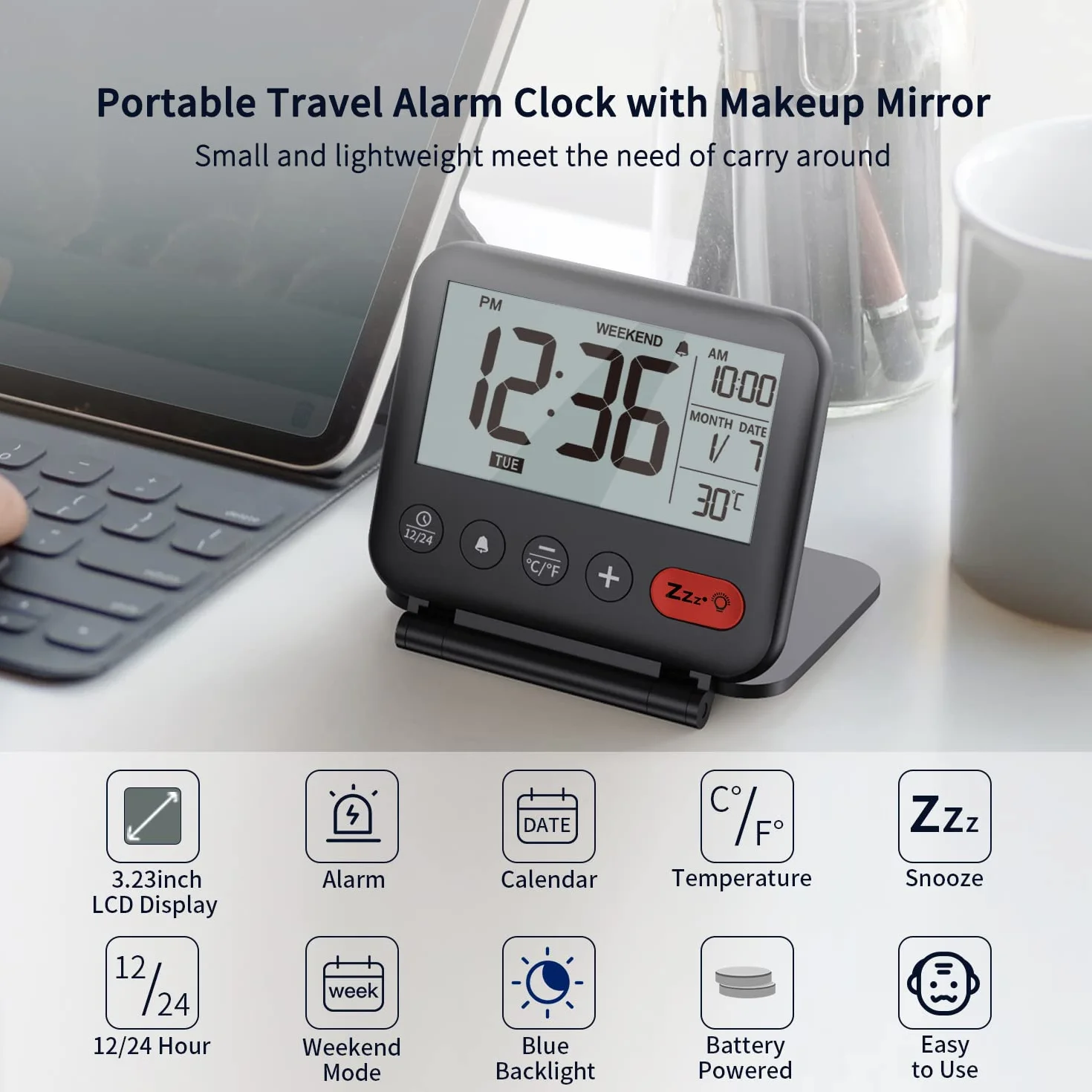 NOKLEAD Mini Horloge Numérique LCD Portable Réveil de Voyage avec Calendrier Rétroéclairé 12/24H Température Miroir Pliable Piles (Noir)