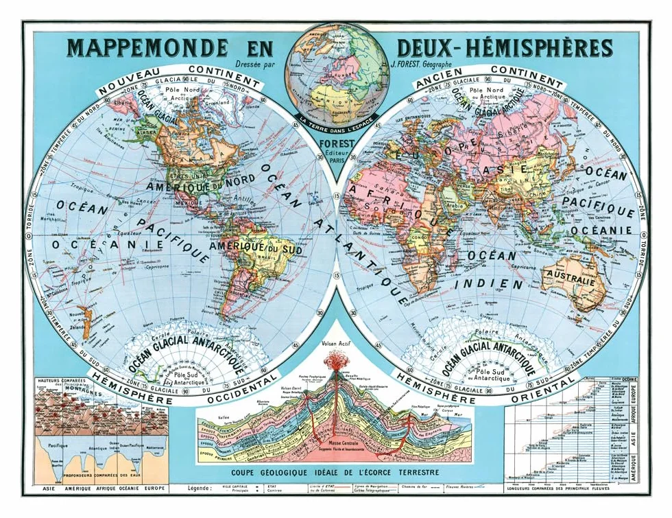VIRTUAVIA - Affiche décorative MAPPEMONDE EN DEUX HEMISPHERES par Joseph FOREST - 130 x 100 cm - Art Mural (reproduction) - Bâche 340 g/m²