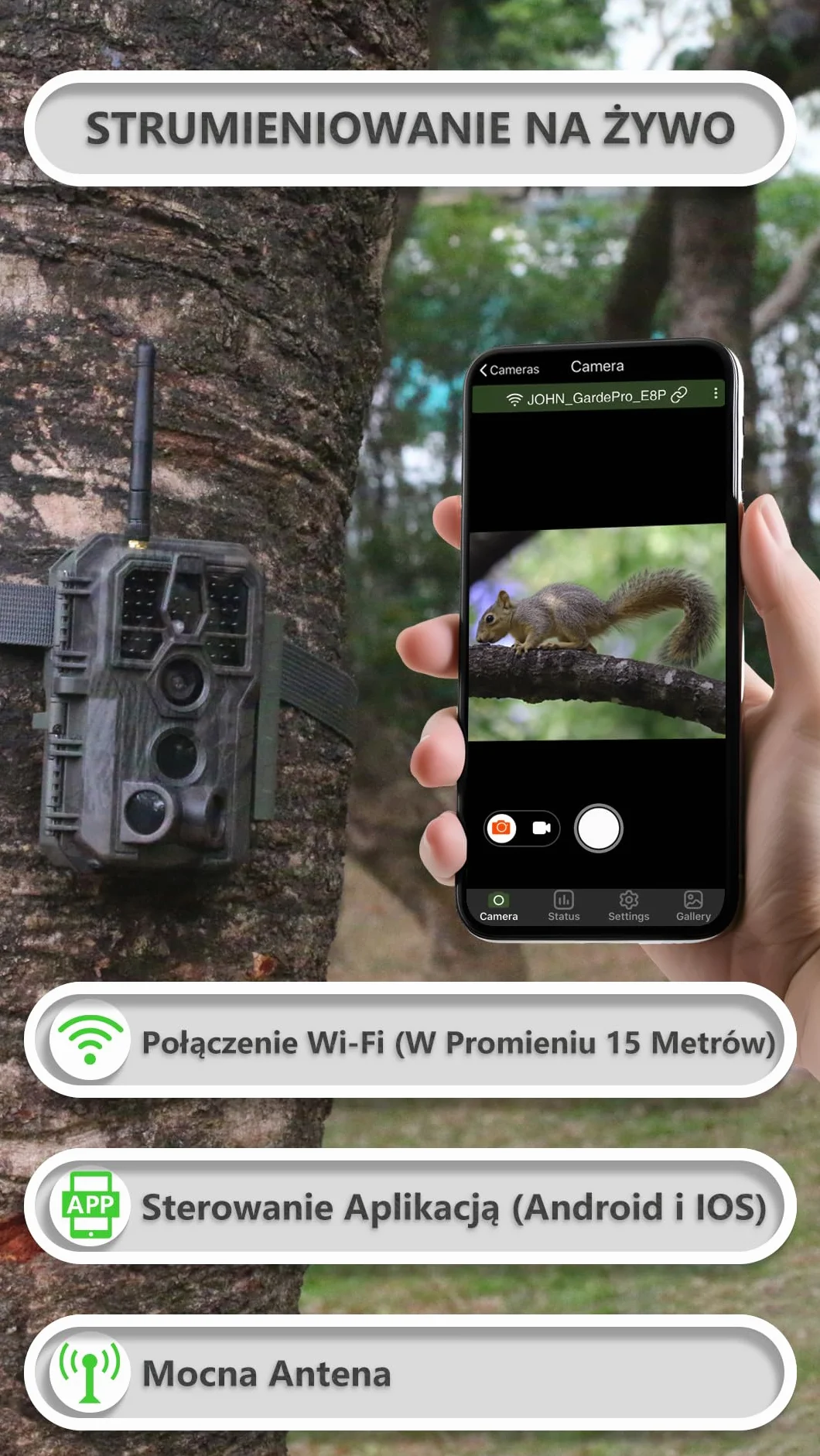GardePro E8P Max Kamera Myśliwska WiFi, 64MP 1296P, 0.1s Szybki Wyzwalacz, Czujnik Ruchu, Wbudowana Karta SD, Ładowalna Bateria 8000mAh, Przesyłanie na Urządzenia Mobilne