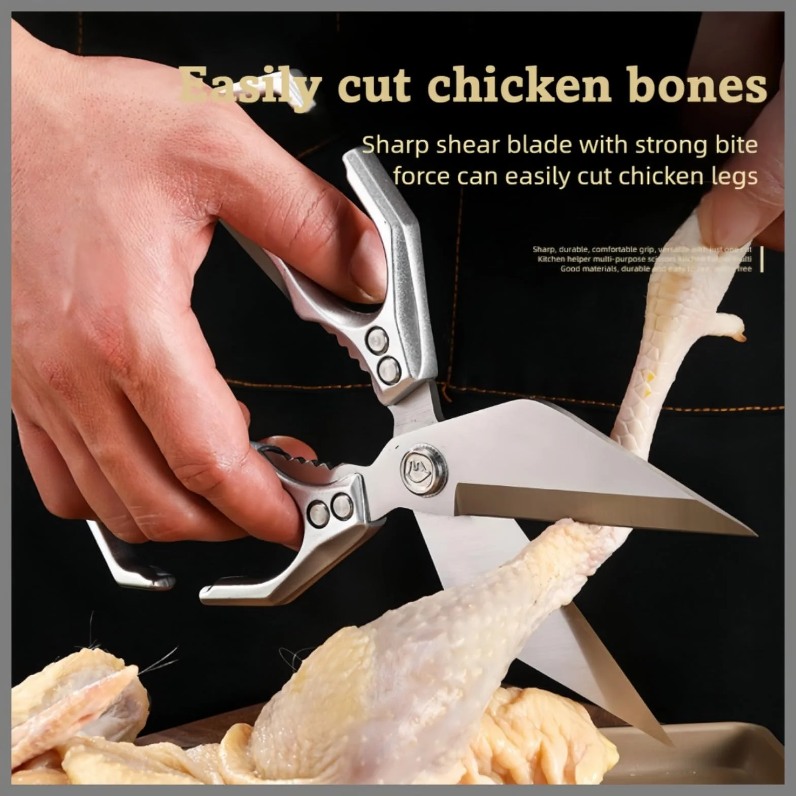 Stainless Steel Heavy-Duty Kitchen Shears, High-Carbon Steel Culinary Chopping Shear with Ergonomic Handle for Food, Chicken Bones, Turkey (Silver)