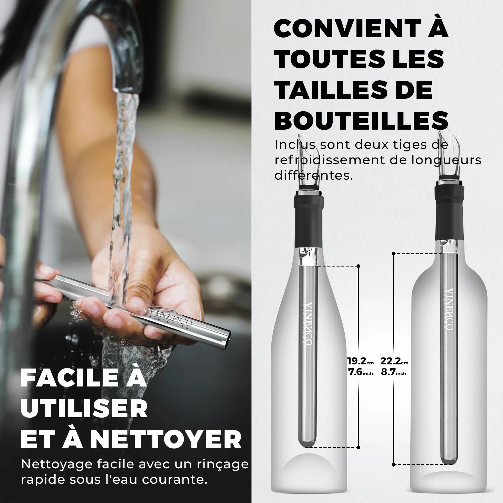 Rafraîchisseur de Bouteille de Vin 3 en 1: 2 Tiges Refroidissement Acier + Aérateur Décanteur + Anti-Goutte | Ensemble Bar