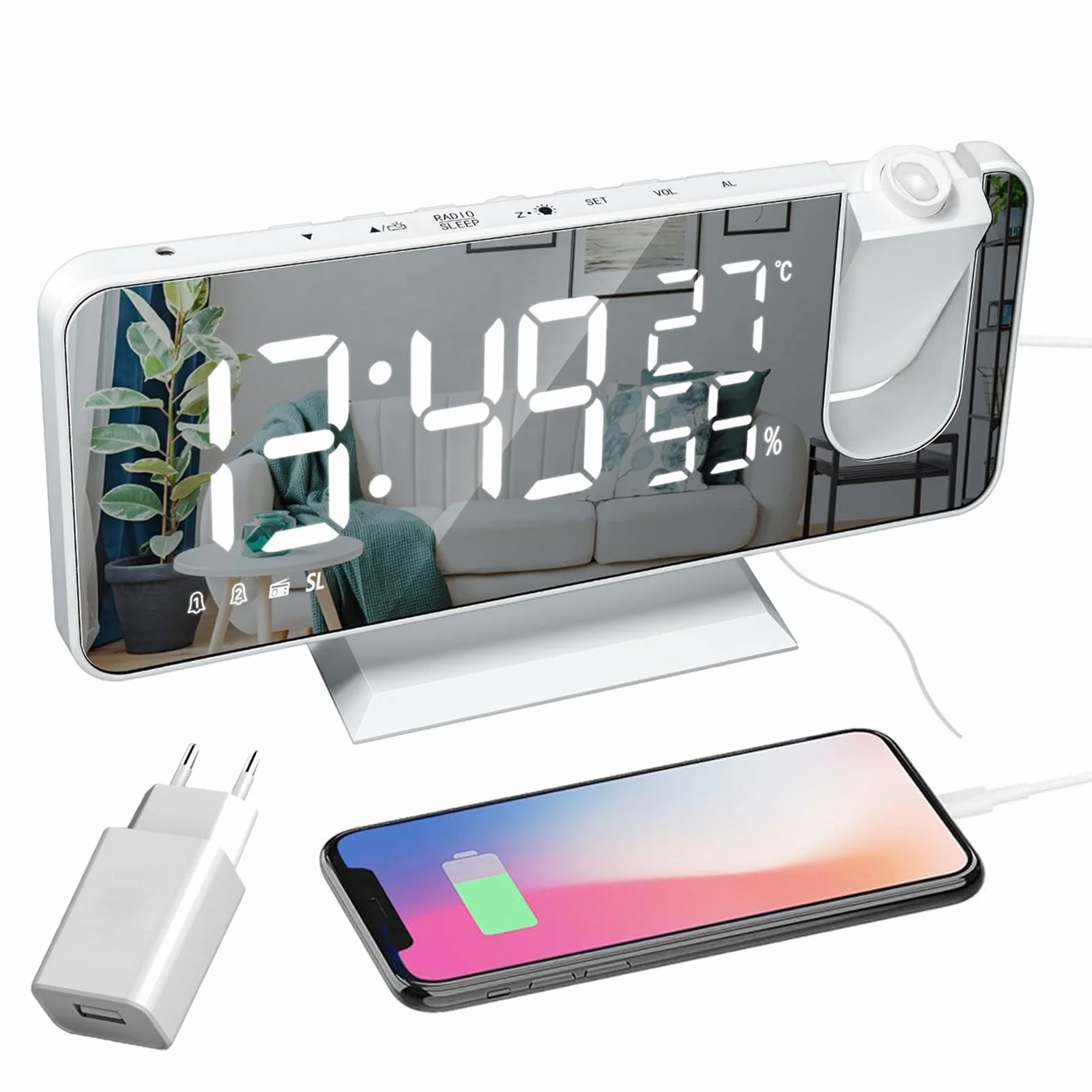 Réveil à Projection Horloge Numérique avec Radio Snooze Variateur Grand écran Projecteur 180°