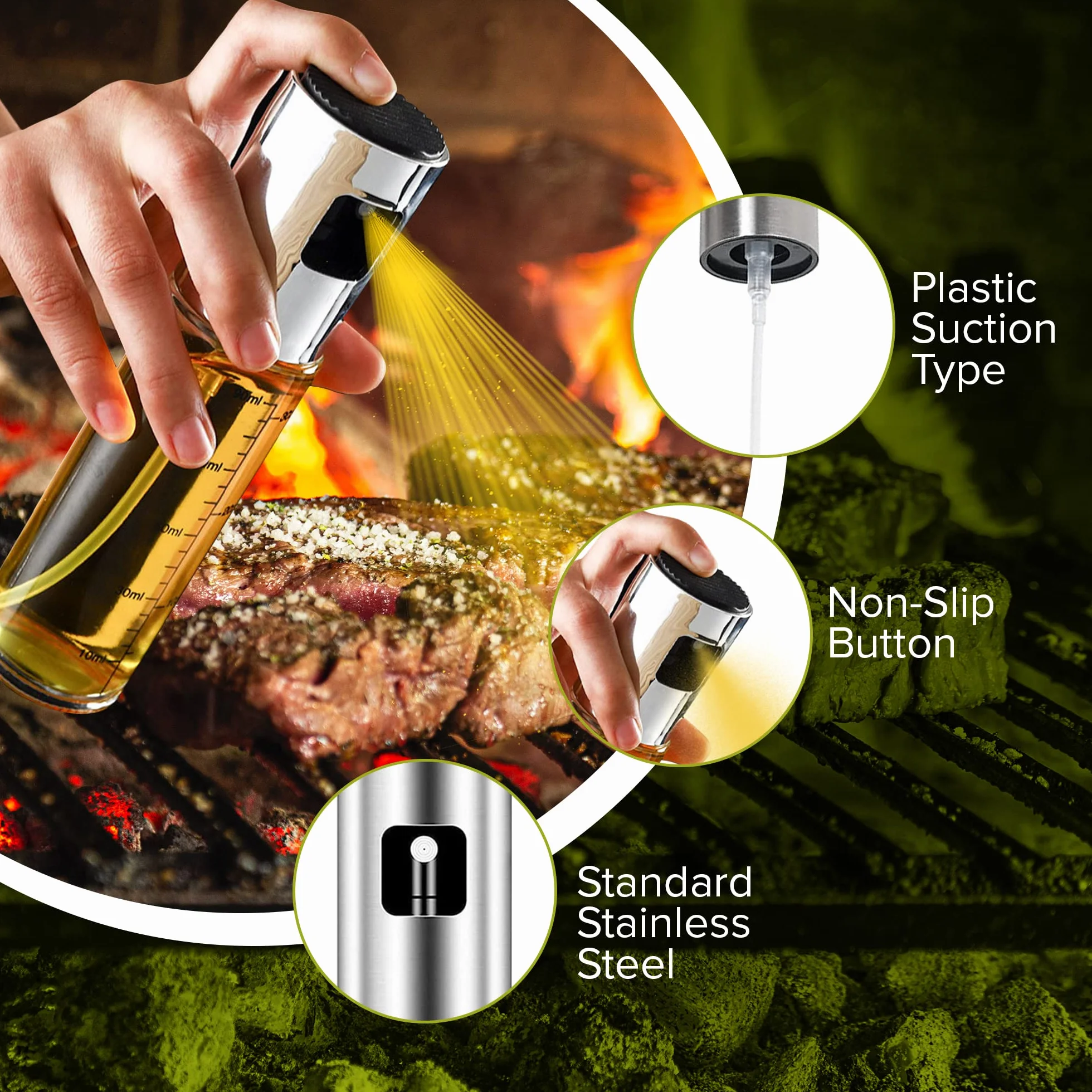 PORTENTUM Pulvérisateur d’Huile 100 ml Inox Huile Spray Cuisine Friteuse Air Huilier Verre Antigoutte