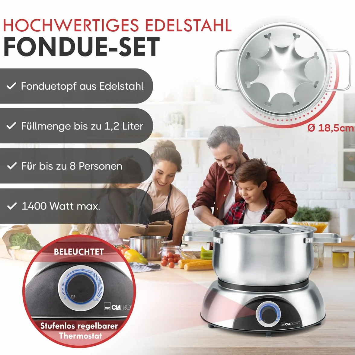Clatronic 263981 FD 3783 Faitout électrique avec protection anti-éclaboussures amovible pour 8 personnes avec code couleur Capacité max. 1,2 l/1400 W Acier inoxydable