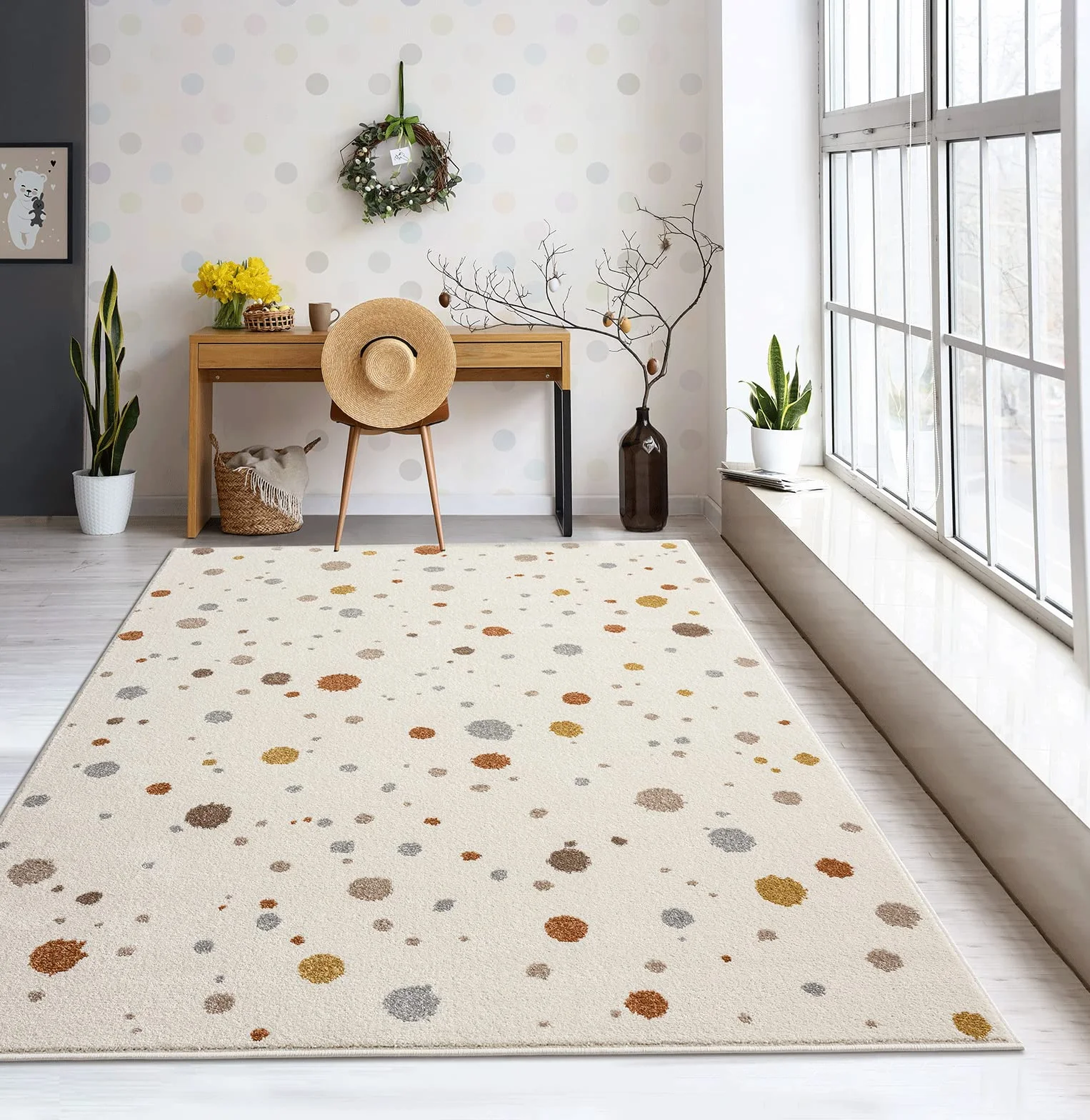 Tapis moderne doux pour enfants 120 x 170 cm crème motif à pois