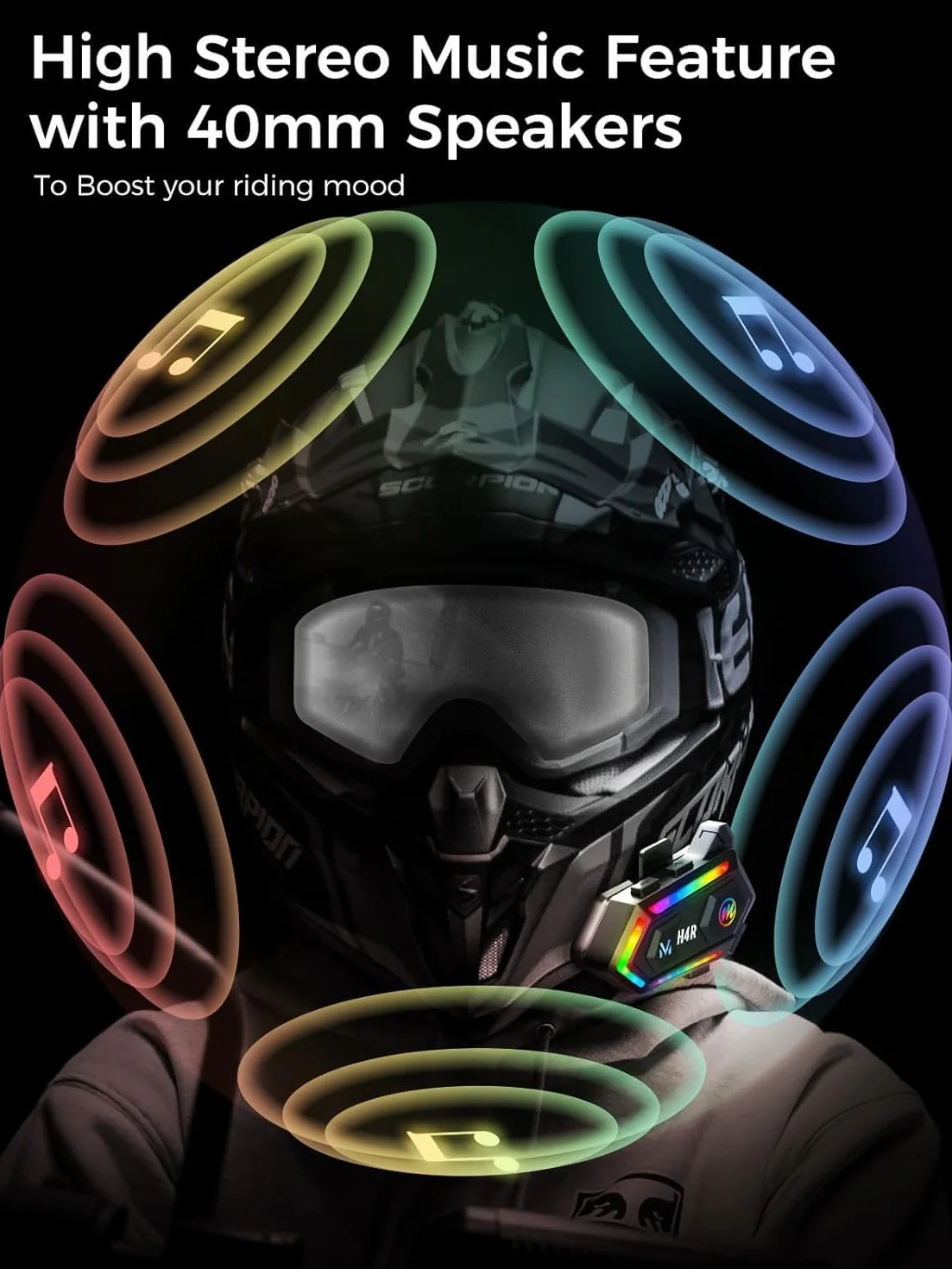 Moman Kask motocyklowy zestaw słuchawkowy, H4R ze światłem RGB, bezprzewodowe słuchawki motocyklowe do pojedynczej osoby 5.3 z 16 wodoodpornymi efektami świetlnymi, łączy 2 telefony, kaski