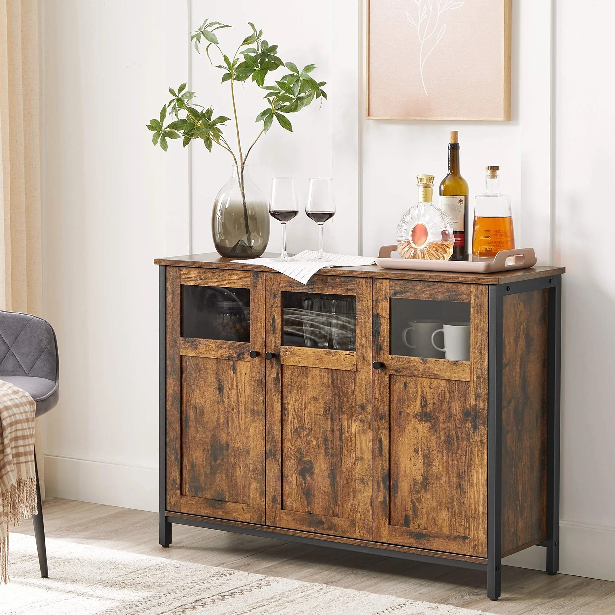 VASAGLE Meuble de Rangement, Buffet, avec Placard 3 Portes, pour Salle à Manger, Salon, Cuisine, entrée, Cadre en Acier, Style Industriel, Marron Rustique et Noir d'encre LSC099B01