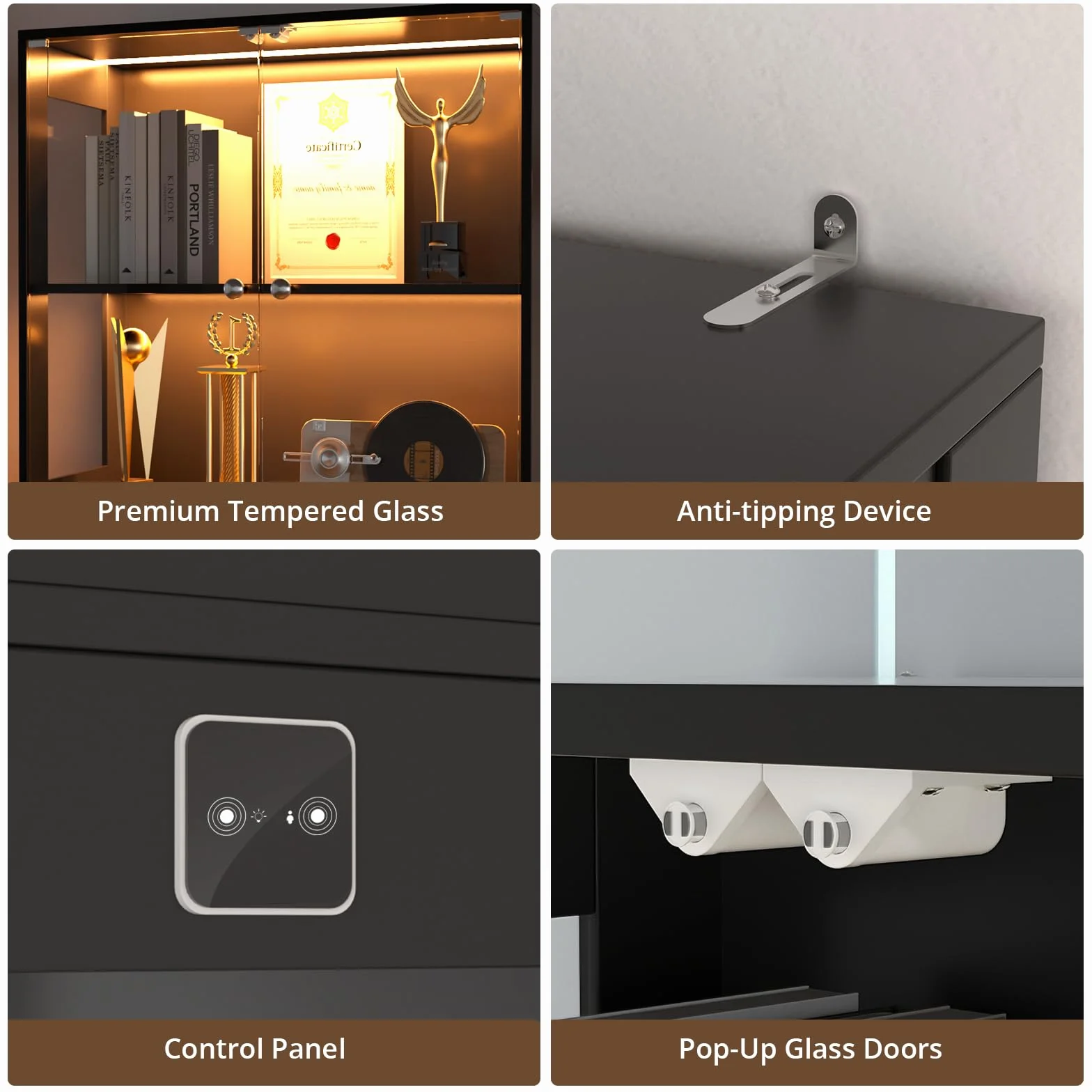 VOWNER Vitrine 5 étages en Verre avec éclairage LED 3 Couleurs, détecteur Intelligent, tablettes en Verre autonomes pour Figurines et Collection, Salon Chambre (Noir, 5 étages)