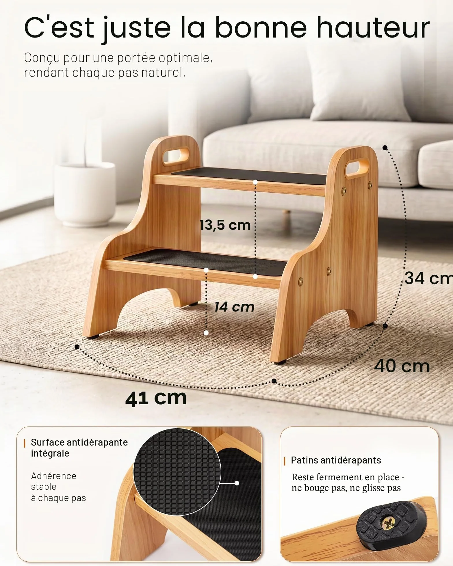 StrongTek Tabouret à 2 marches en Bois pour Enfants avec Surface antidérapante, poignées Portables, Patins antidérapants et capacité de 160 kg, Support Polyvalent et Robuste (Naturel)