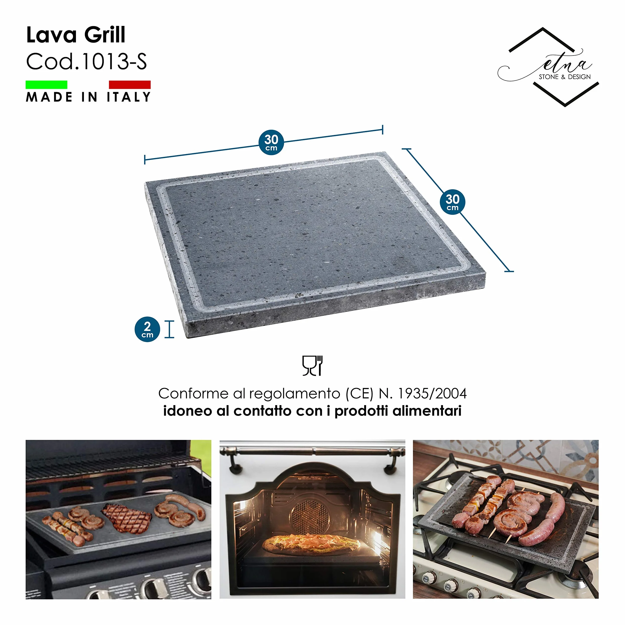Lava Griller Pierre de lave ETNEA Plaque lévigaée 30 x 30 cm pour four et barbecue cuisson viande, poisson, légumes et pizza Etna Stone & Design (S)