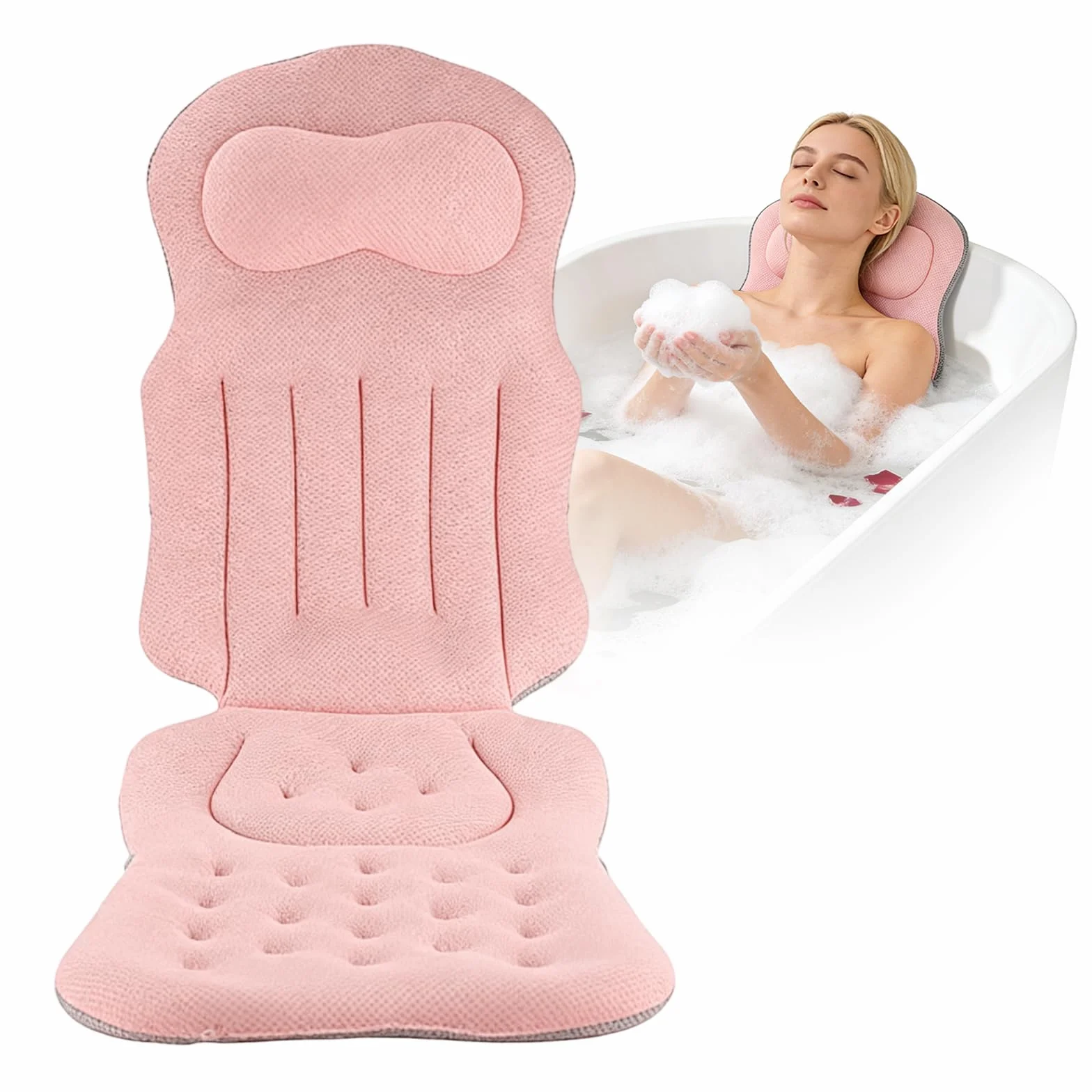 Coussin de bain complet pour la baignoire, tapis de bain épais avec appui-tête, soutient la nuque, le dos et les jambes, coussin de bain avec ventouses et crochets de suspension (rose)