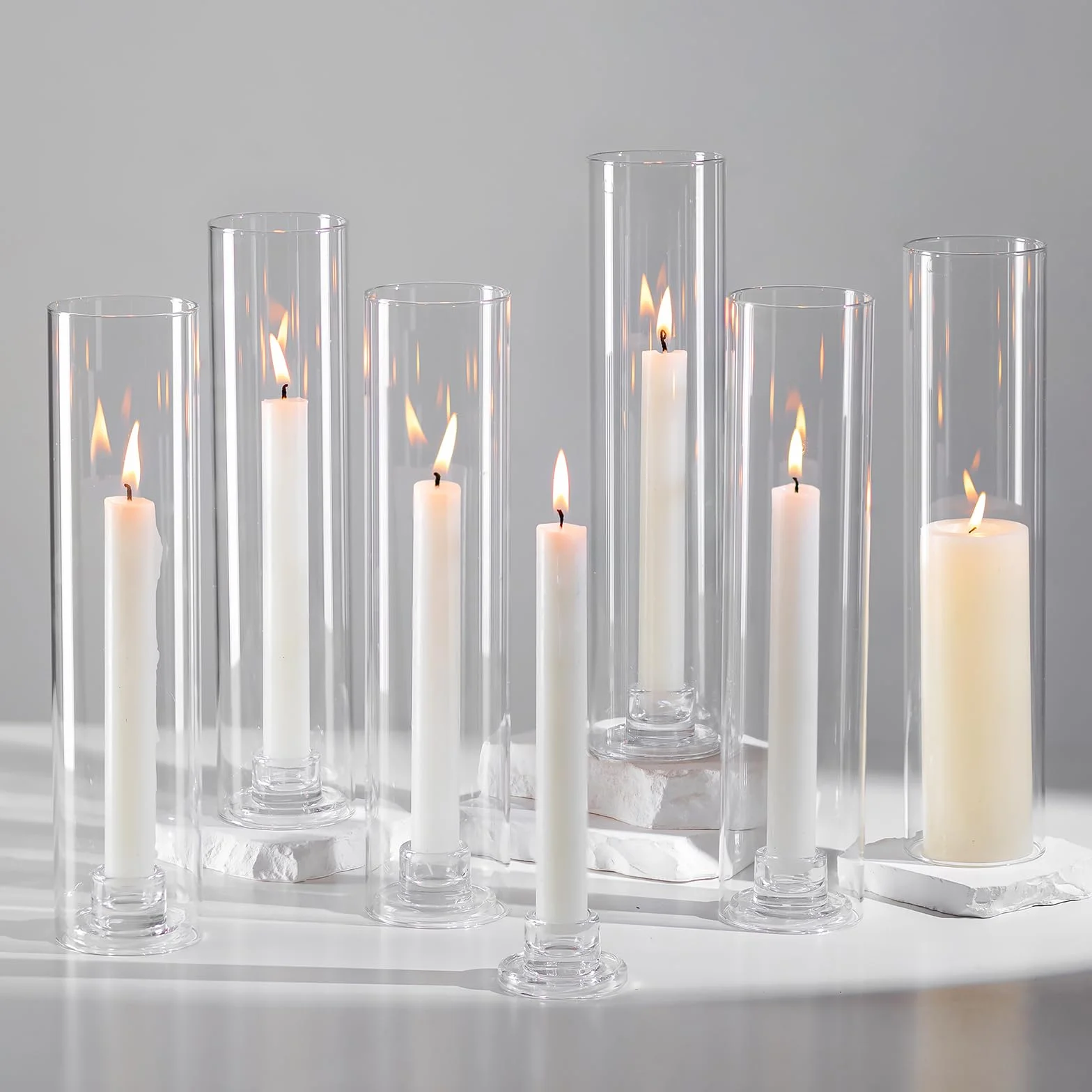 Hewory Bougeoirs en verre à ouragan : Ensemble de 6 supports à bougies transparents pour pièces maîtresses de table de mariage, grands bougeoirs pour décoration de Noël, fête en plein air