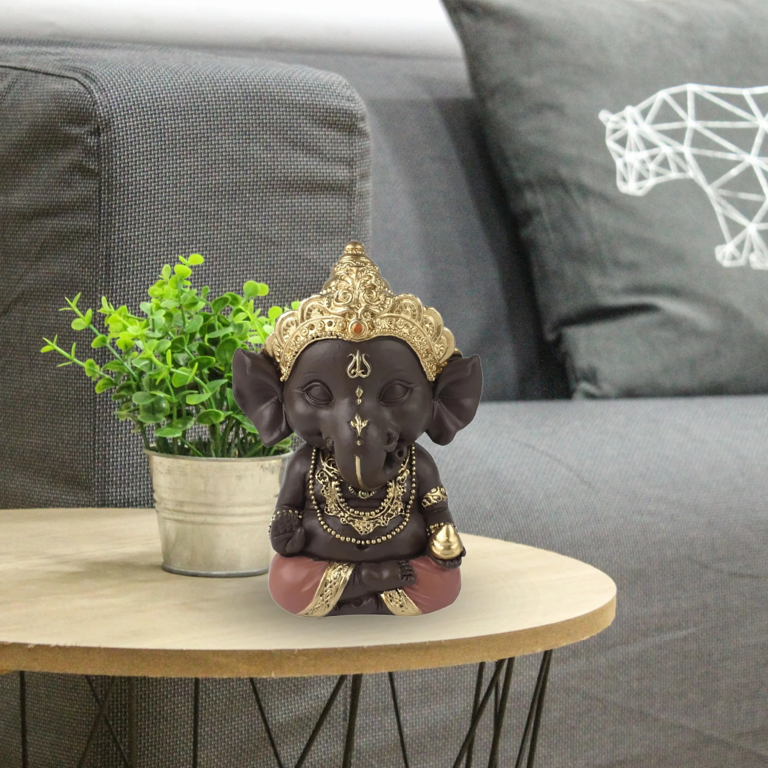 Statuette Ganesh Porte Bonheur Décoration Zen Feng Shui 11,5cm Vert Marron Zen’Light