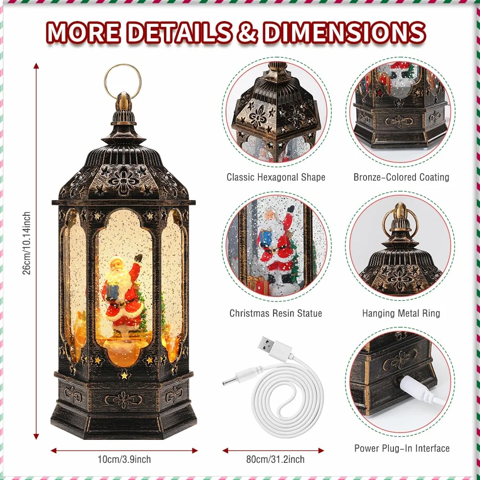 Lanterne Noel,Lanterne Boule à Neige Musicale LED de Noël,Lampe de Noel Lumineux Bonhomme et Flocon de Neige avec Christmas Songs, pour Décoration Noel Intérieure, Prise USB ou Alimenté par Pile