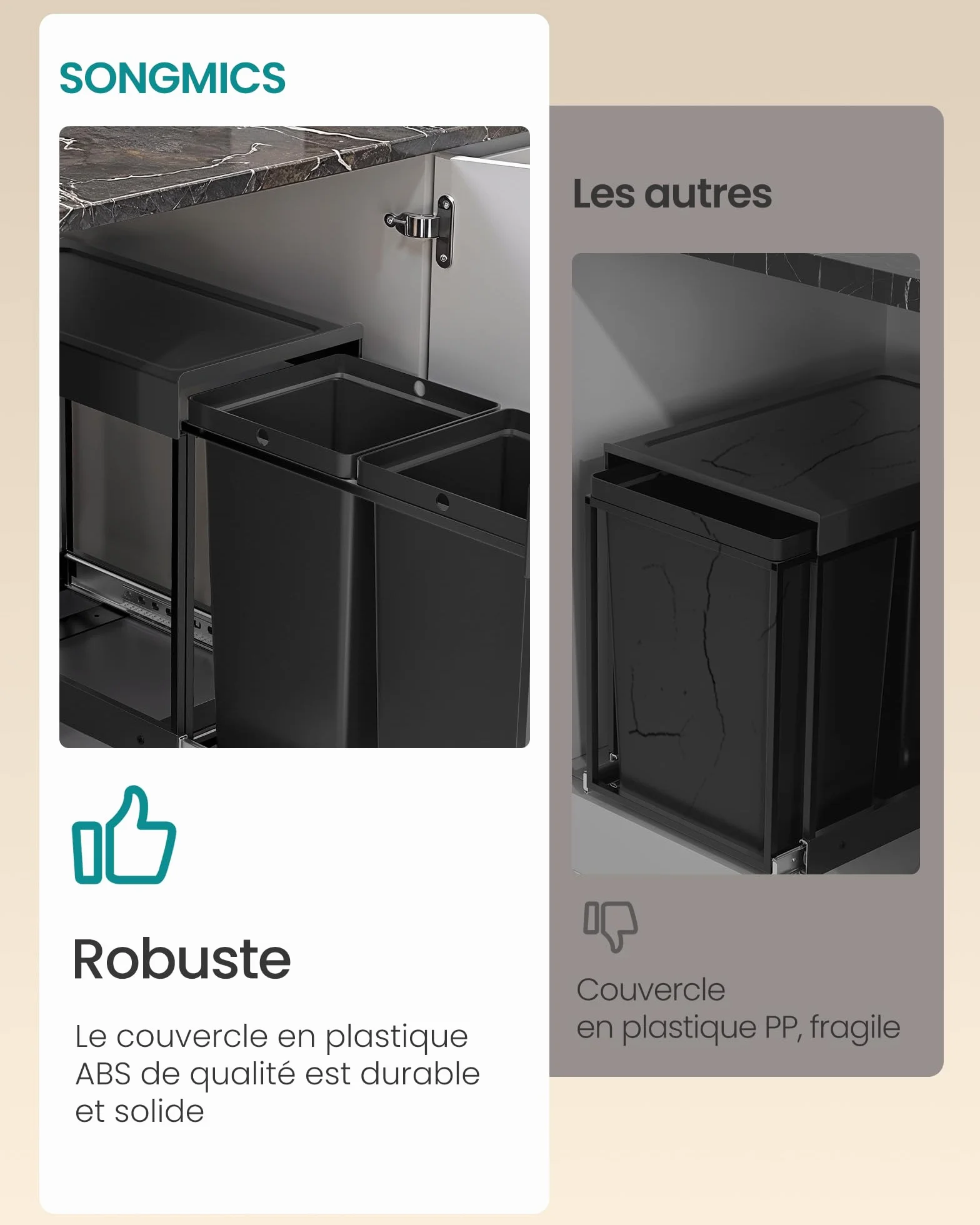 SONGMICS Poubelle de Tri Sélectif Extractible 2x15L Acier Noir LTB950B01