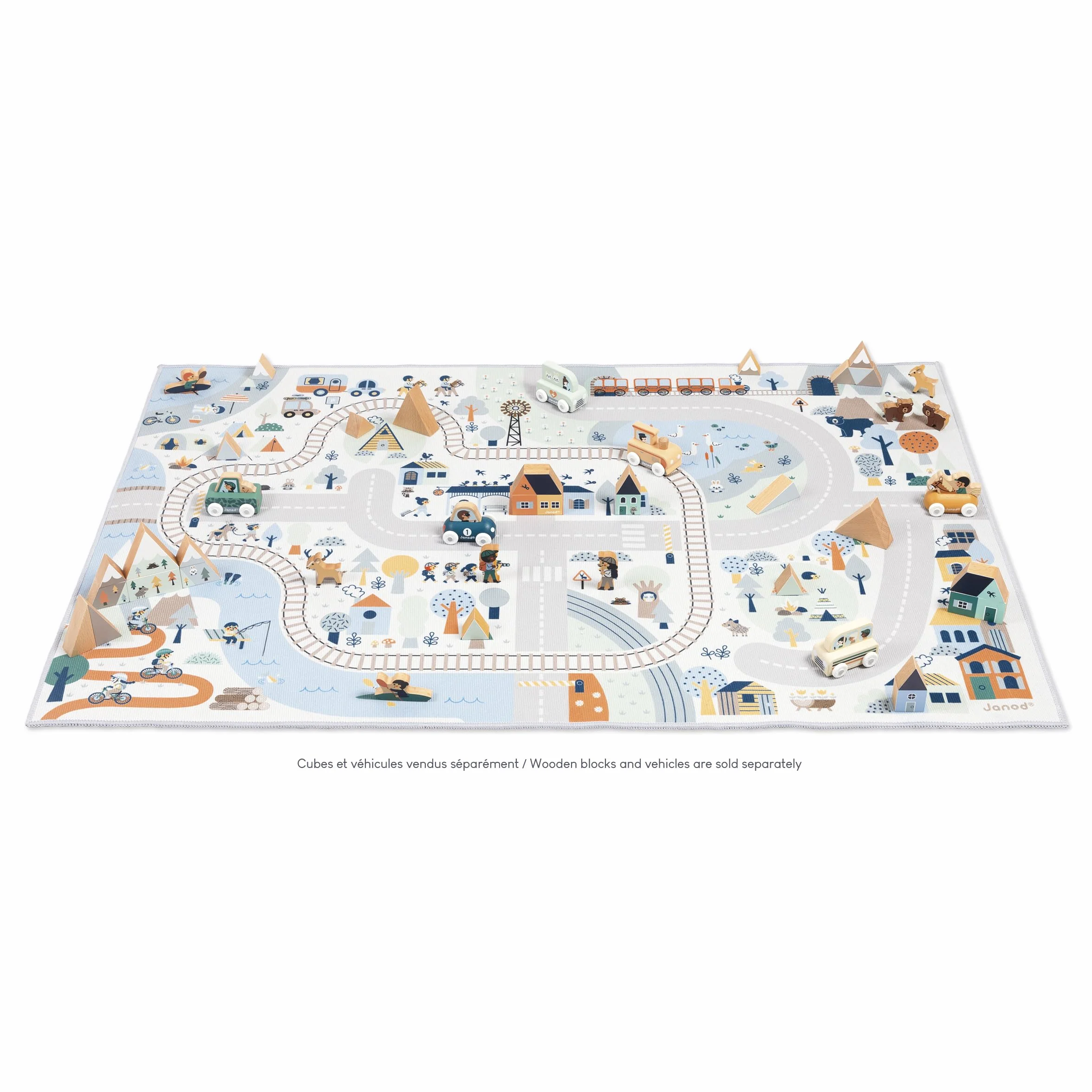 Janod Tapis de Jeux Voiture Enfant Thème Montagne Hiver 120 x 78cm Antidérapant Lavable à la Main