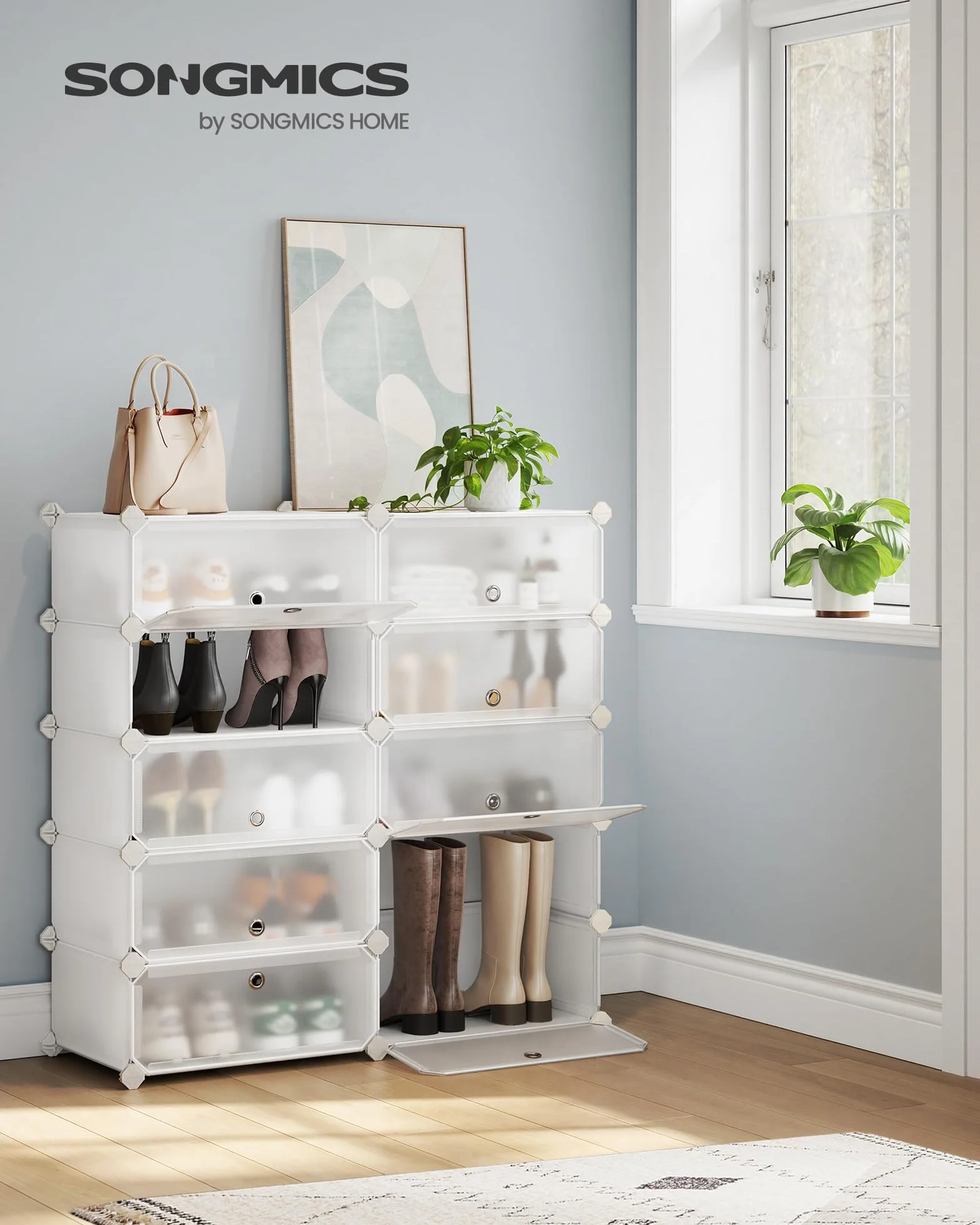 SONGMICS Étagère à Chaussures enfichable Système d'étagères Organisateur de Chaussures DIY Étagère avec Porte en Plastique PP 10 Niveaux Blanc LPC010WH01