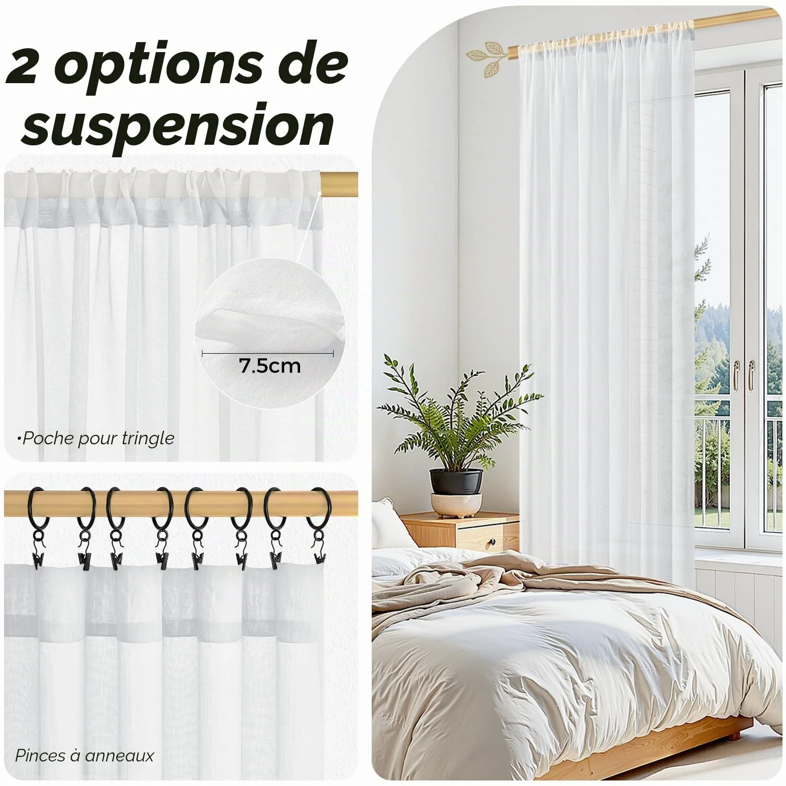 Rideaux Voilage Blanc 140x225 cm Passe Tringle Semi-Transparent 2 Pièces