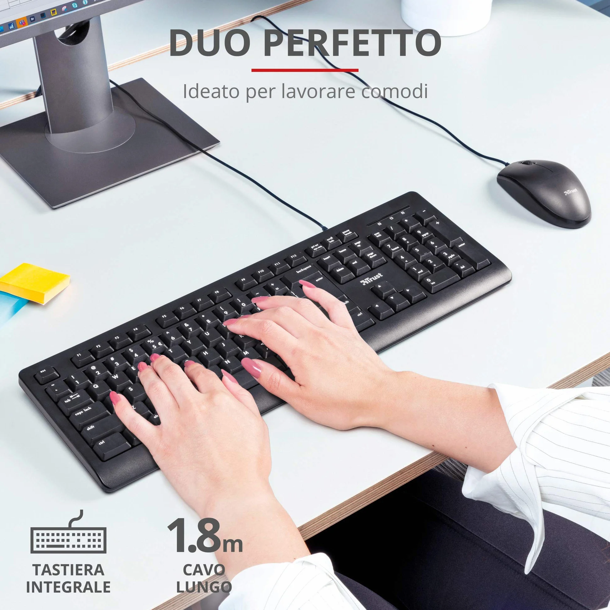 Trust Taro klawiatura i mysz USB, przewodowa, włoski układ QWERTY, do komputerów stacjonarnych/laptopów/notebooków Mac/Windows, kabel 1,8 m, odporna na działanie płynów klawiatury, ergonomiczna,