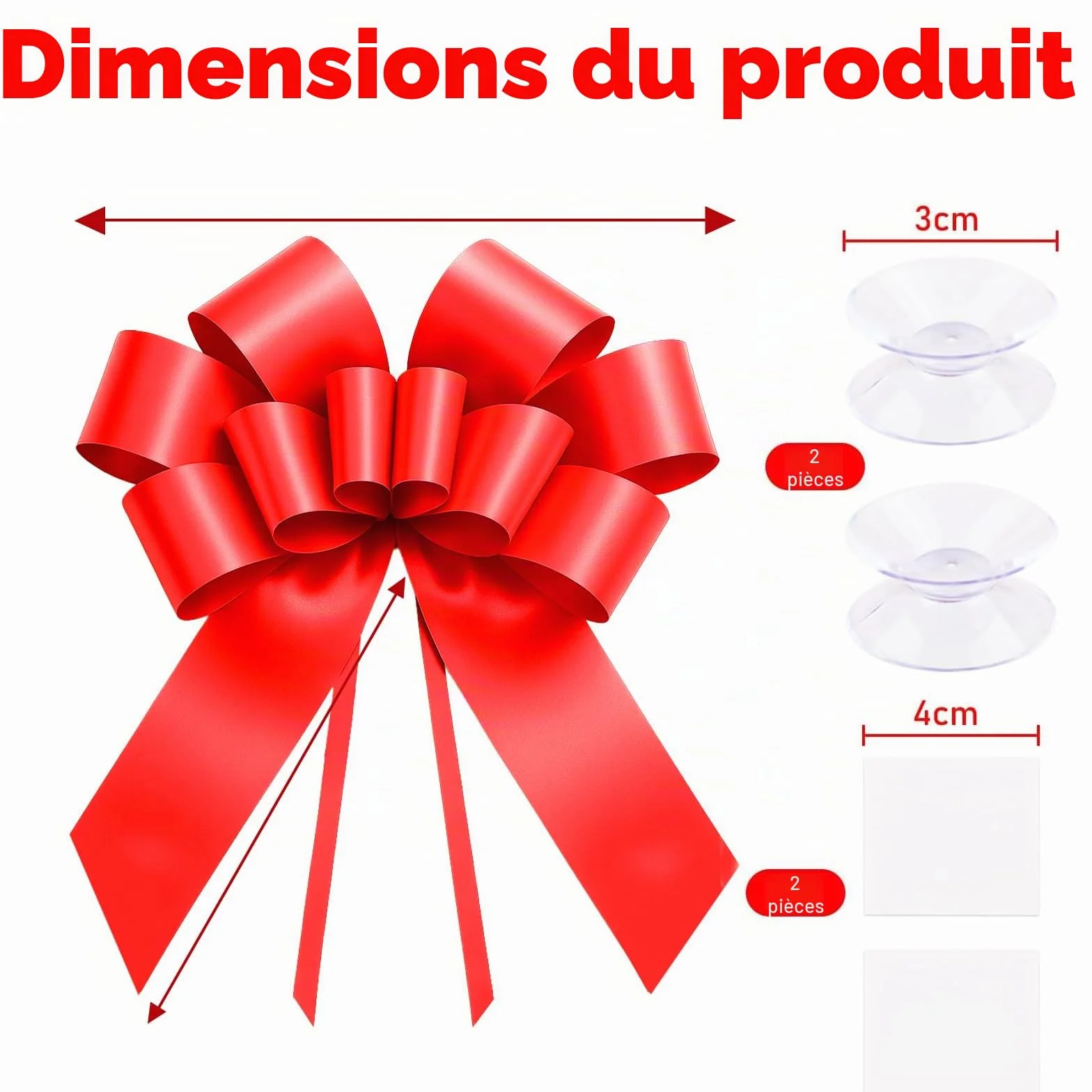 Grand nœud de Voiture Rouge 58 cm avec 2 Ventouses pour Mariage Noël