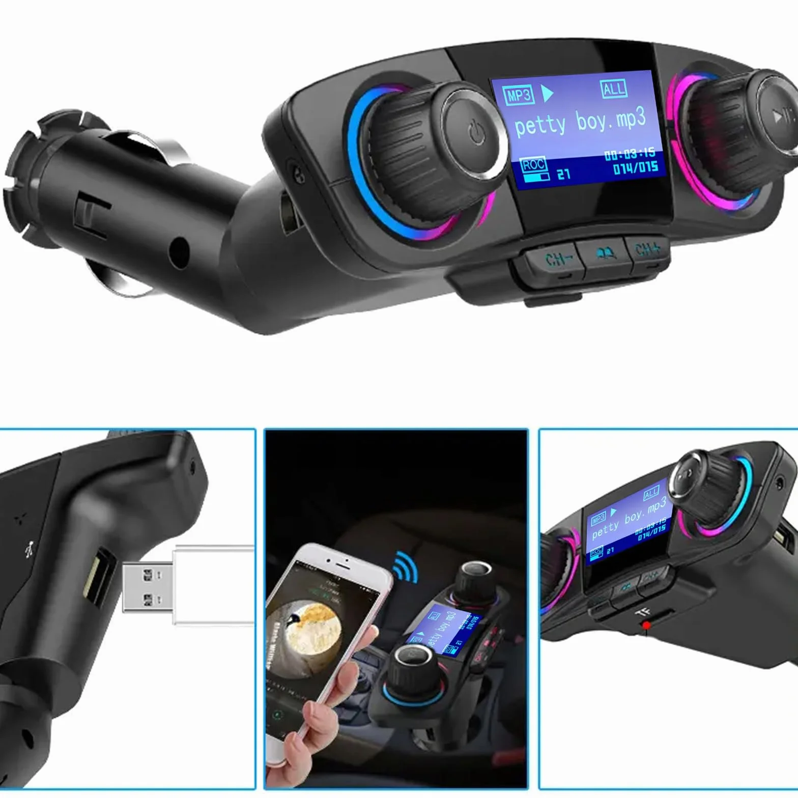 Retoo Zasilacz samochodowy Bluetooth, nadajnik FM, zestaw głośnomówiący i ładowarka, 2 porty USB, obsługuje karty SD, pamięć USB, szybkie ładowanie QC3.1A, ładowarka do zapalniczki samochodowej