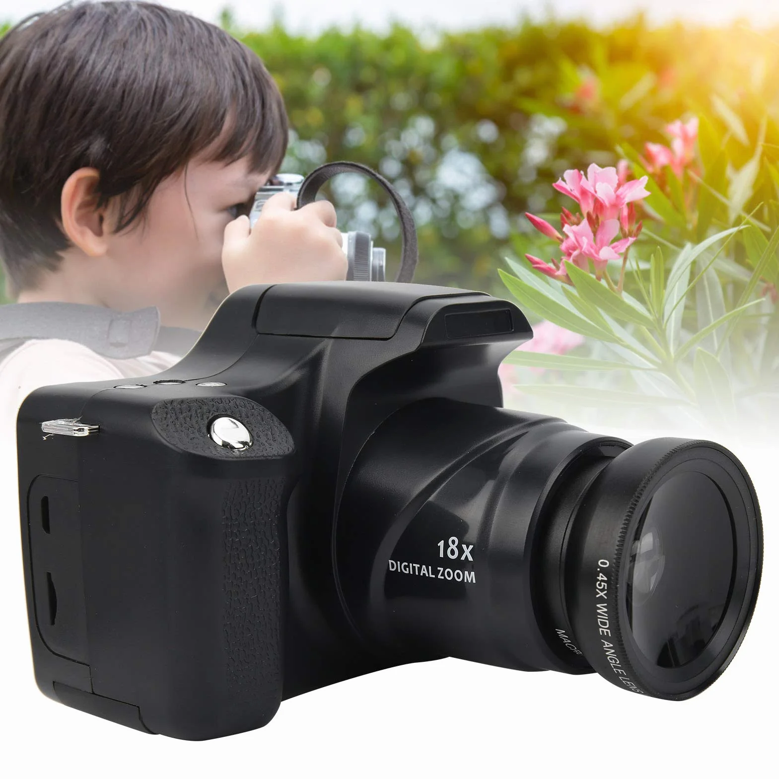 Cyfrowa Lustrzanka, 3,0-calowy Ekran LCD, 18-krotny Zoom Lustrzanka HD z Wbudowaną Lampą Błyskową, Przenośna Cyfrowa Kamera o Długiej Ogniskowej do(Wersja standardowa + obiektyw szerokokątny)