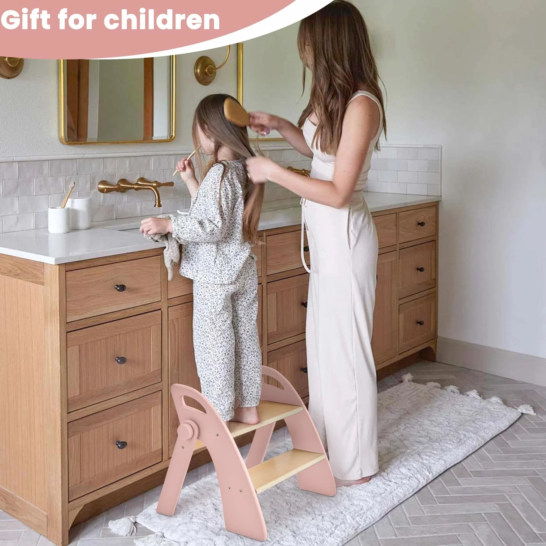 Marche Pied Pliable à 2 Marches en Bois pour Enfants, Capacité de 130 kg avec Tapis Antidérapant et Poignées, Tabouret pour Chambre, Salle de Bain, Cuisine, Rose