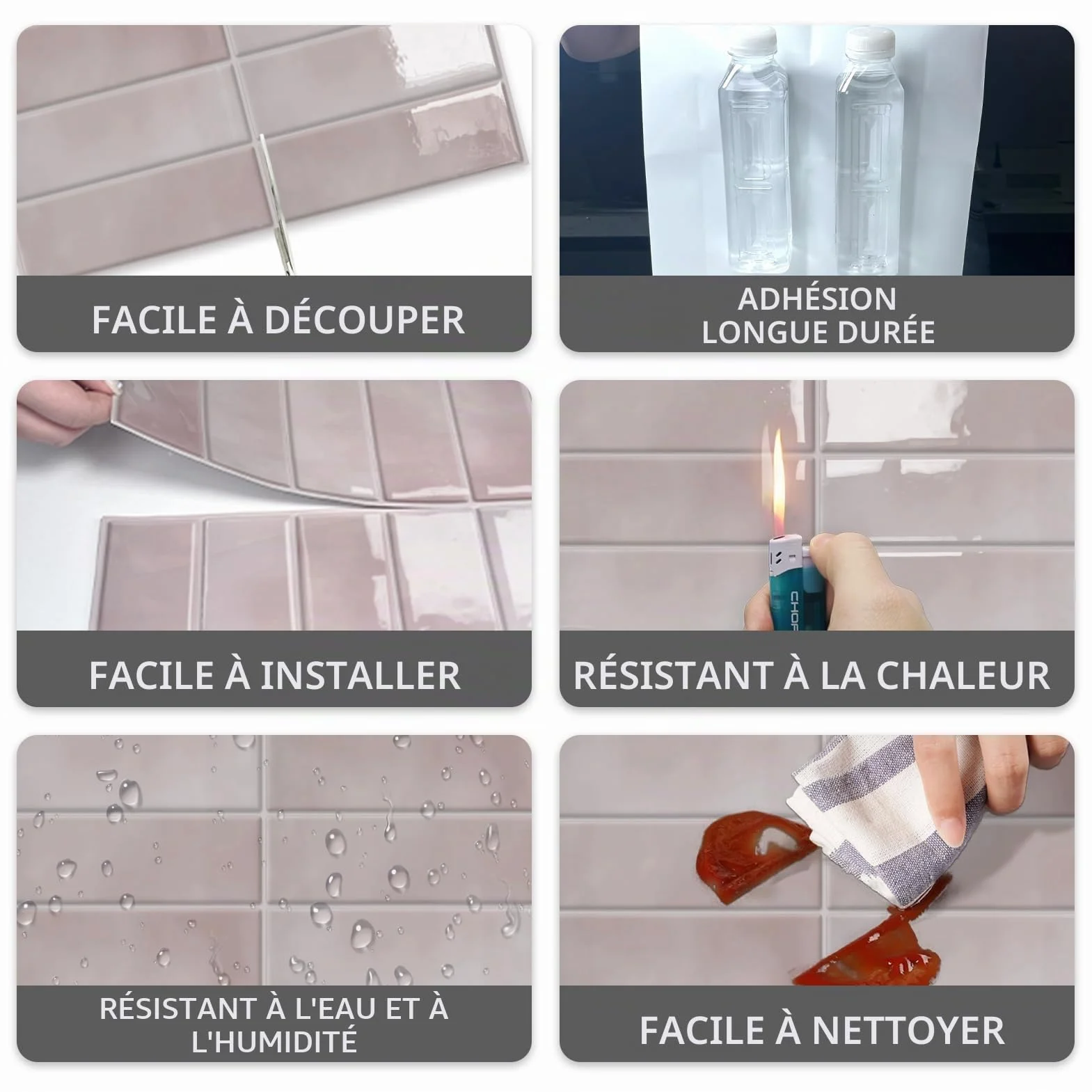 Carrelage Adhésif Mural Rectangulaire Imperméable 30,5x30,5 cm 10 Pièces Cuisine Salle de Bain