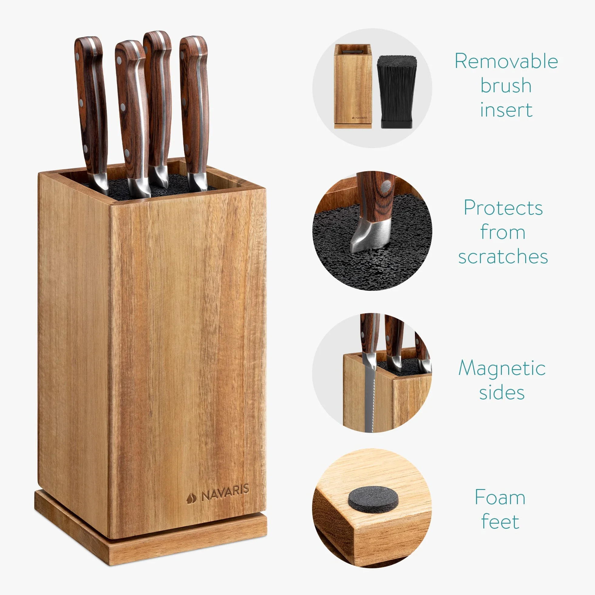 Navaris Porte-Couteaux en Bois - Bloc de Rangement à Couteau Rotatif et magnétique en Acacia 25 x 12,5 x 12,5 cm - Bloc Couteau Vide avec tiges