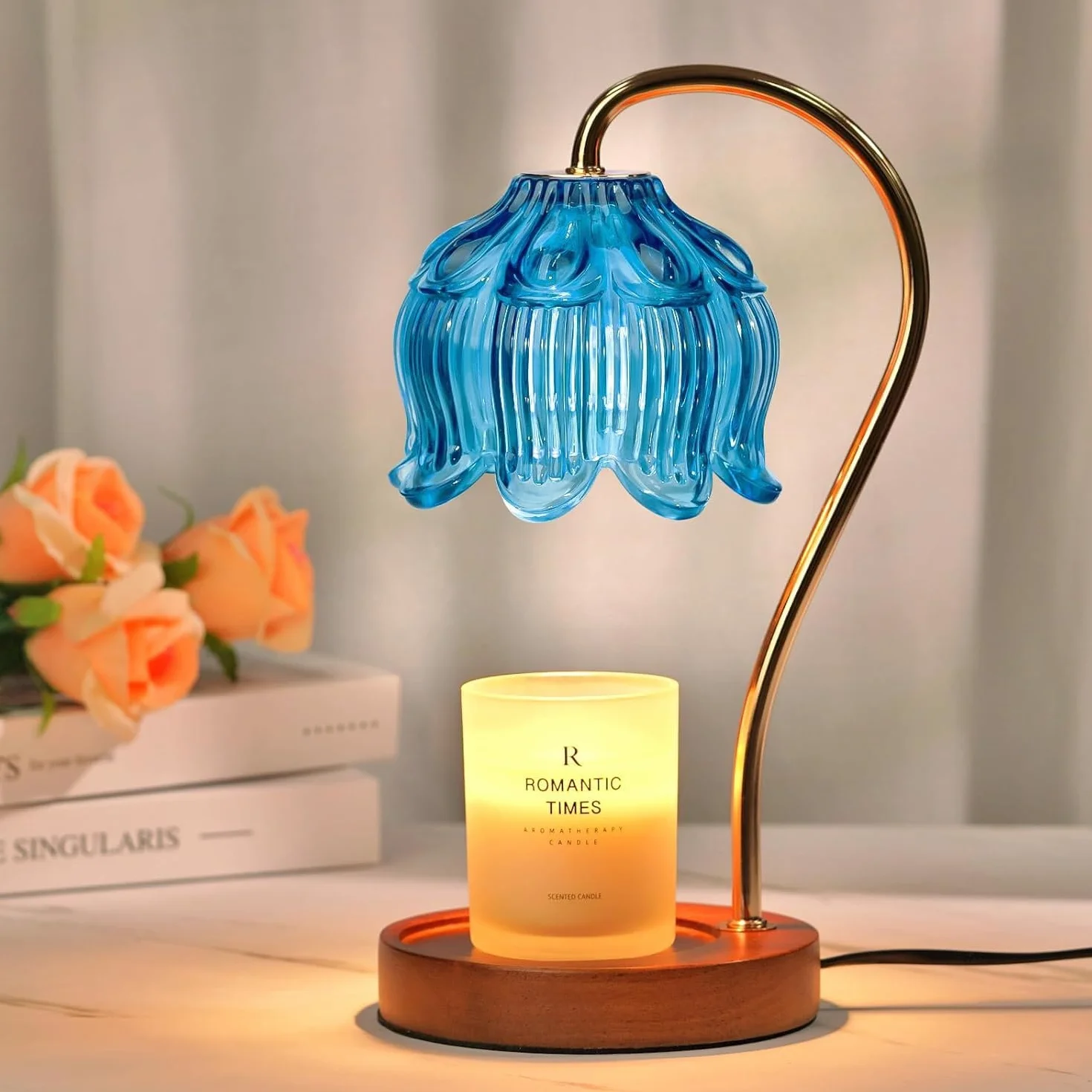 Lampe Chauffante Bougie Fleur avec Minuterie et Variation - Cadeau pour Mères et Petites Amies - Base Noyer Compatible avec Toutes Les Bougies En Conserve