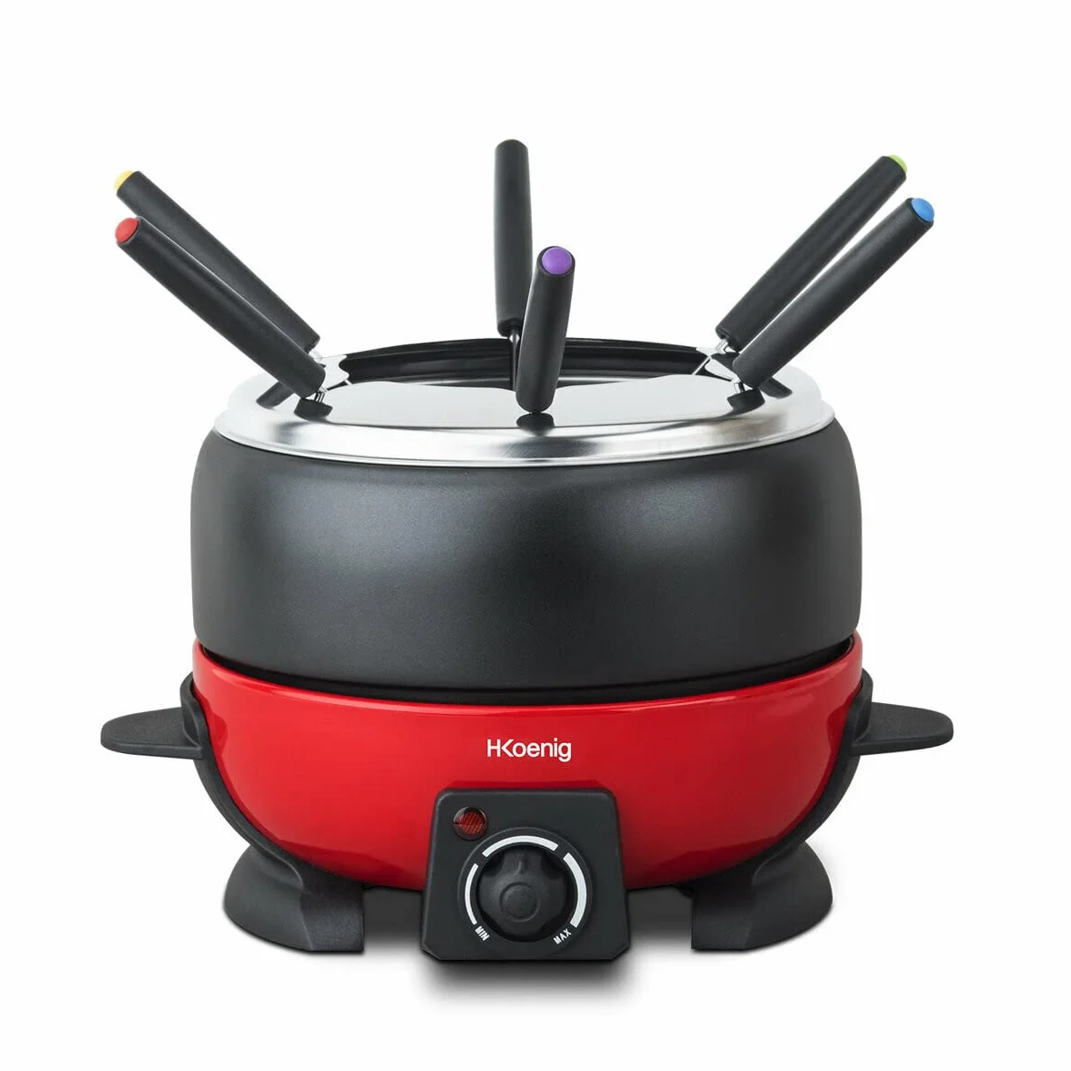 H.Koenig Appareil à Fondue Electrique 6 Fourchettes 2L Inox ALP1800, Service à Fondue Chocolat Bourguignonne Fromage Savoyarde, Bol Amovible Antiadhésif Résistant, Couvercle antiprojection