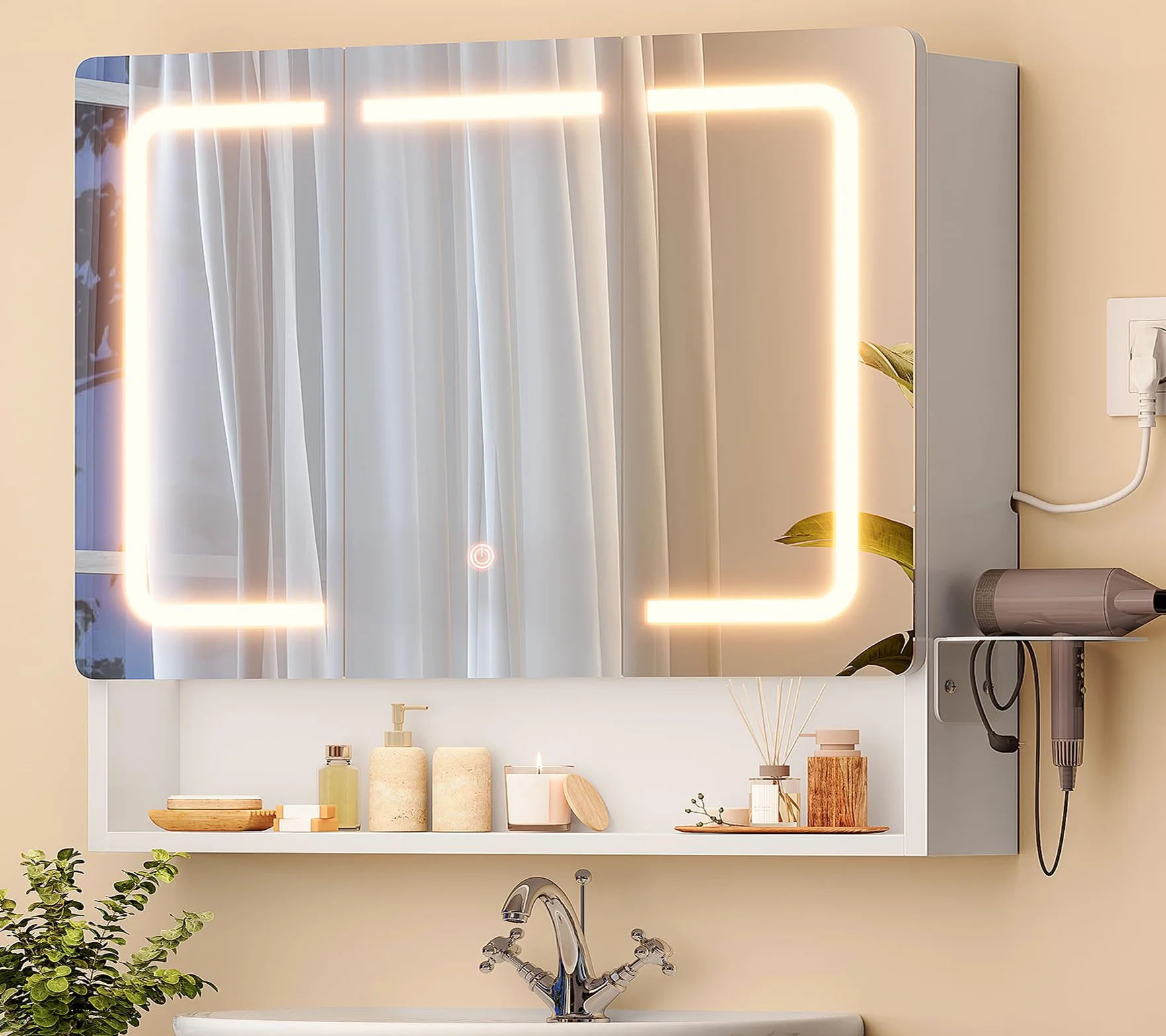 TEENFON Miroir Salle de Bain avec Rangement, Armoire de Toilette Lumineuse à LED avec Prise Intégrée, Meuble Mural 3 Portes, Support Sèche-Cheveux, 3 Températures de Couleur Tactile, Étagère Réglable
