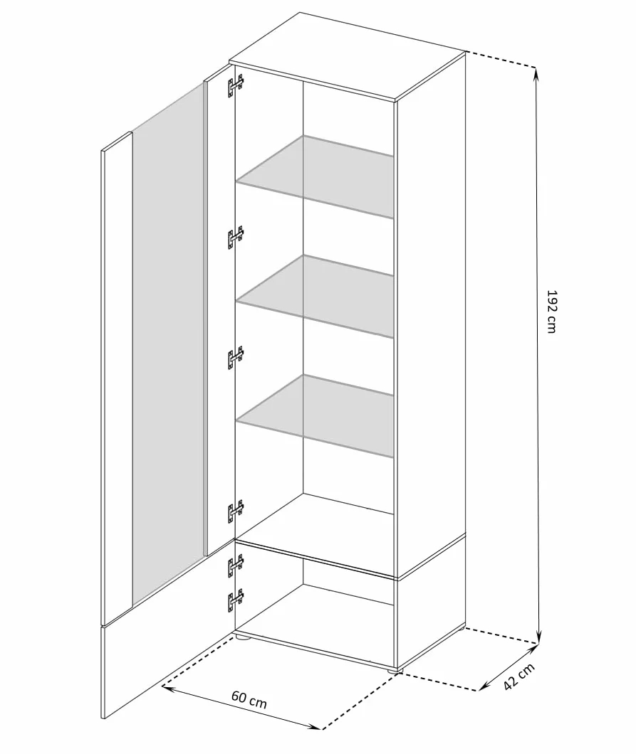 Komodee, Vitrine Armoire Alessandria, Noir Wotan, Largeur 60 cm x Hauteur :192 cm x Profondeur 42 cm, LED RGB, 3 étagères, pour Salon, Chambre, Entrée