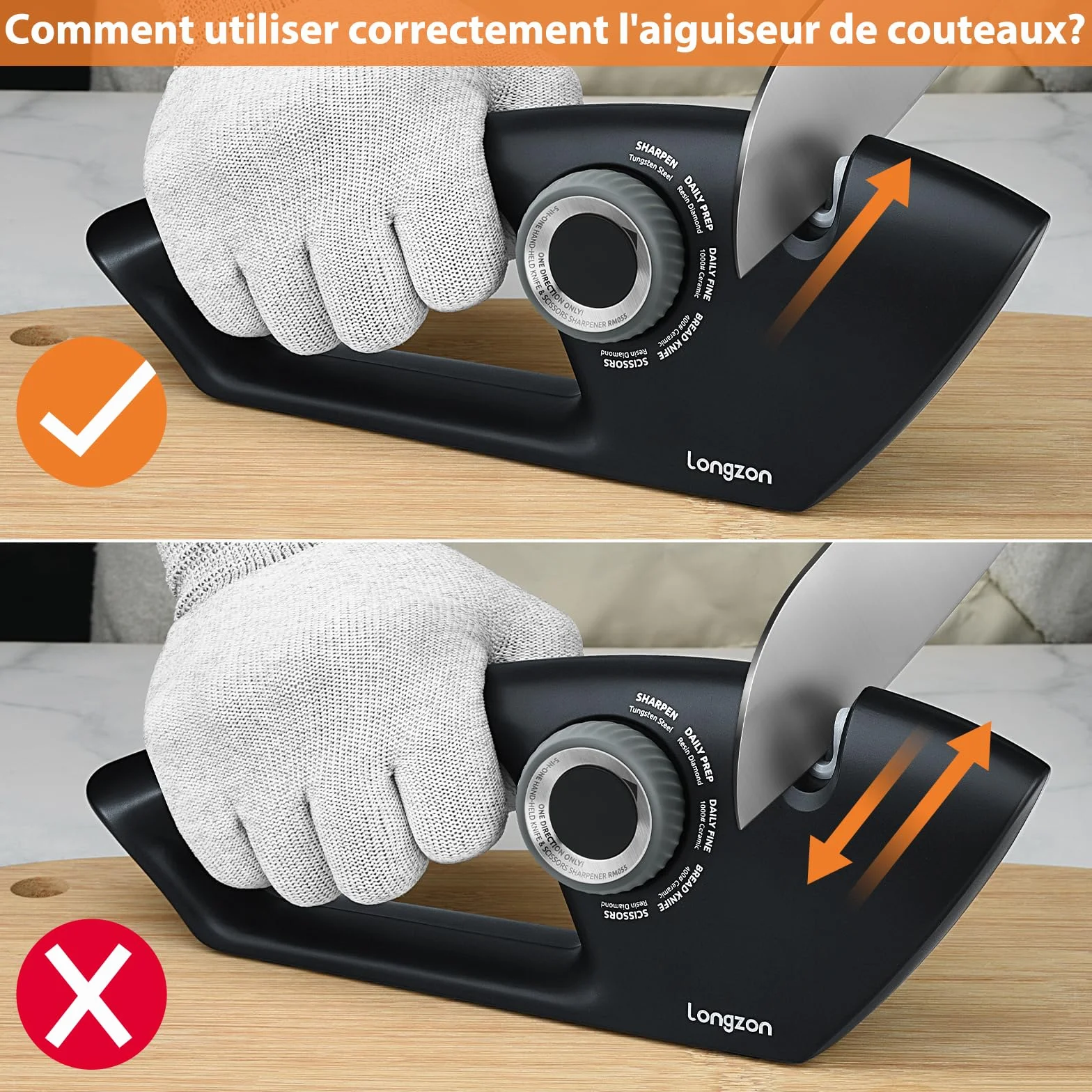 Longzon Aiguiseur Couteaux 5 en 1 Affuteur Couteau Professionnel avec Gants Anti-coupure, Manuel à Bouton Réglable pour Acier et Dentelés